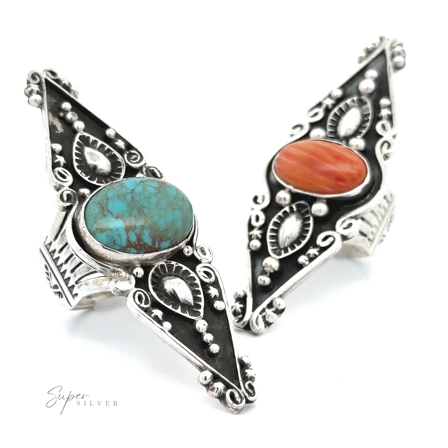 Two Stunning Native American Statement Rings, each featuring triangular designs in the style of Southwest artistry and inlaid with a prominent turquoise and orange stone respectively, against a white background.