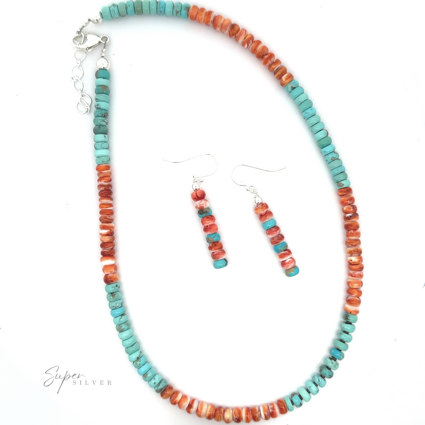 A Vibrant Turquoise and Spiny Oyster Shell Necklace and Earring Set with a necklace and matching earrings, displayed on a white background.