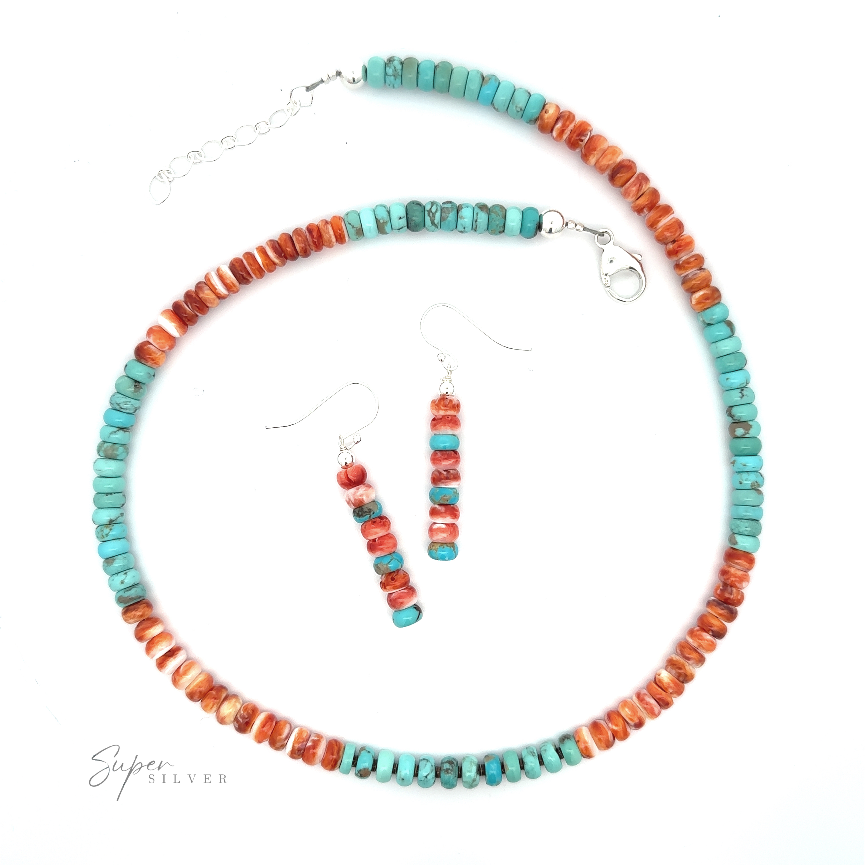 Vibrant Turquoise and Spiny Oyster Shell necklace and earring set: Turquoise and amber beaded necklace with matching earrings displayed on a white background.