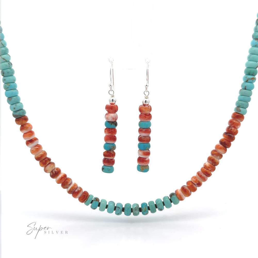 Vibrant Turquoise and Spiny Oyster Shell necklace and earring set featuring Southwest jewelry design, set against a white background.