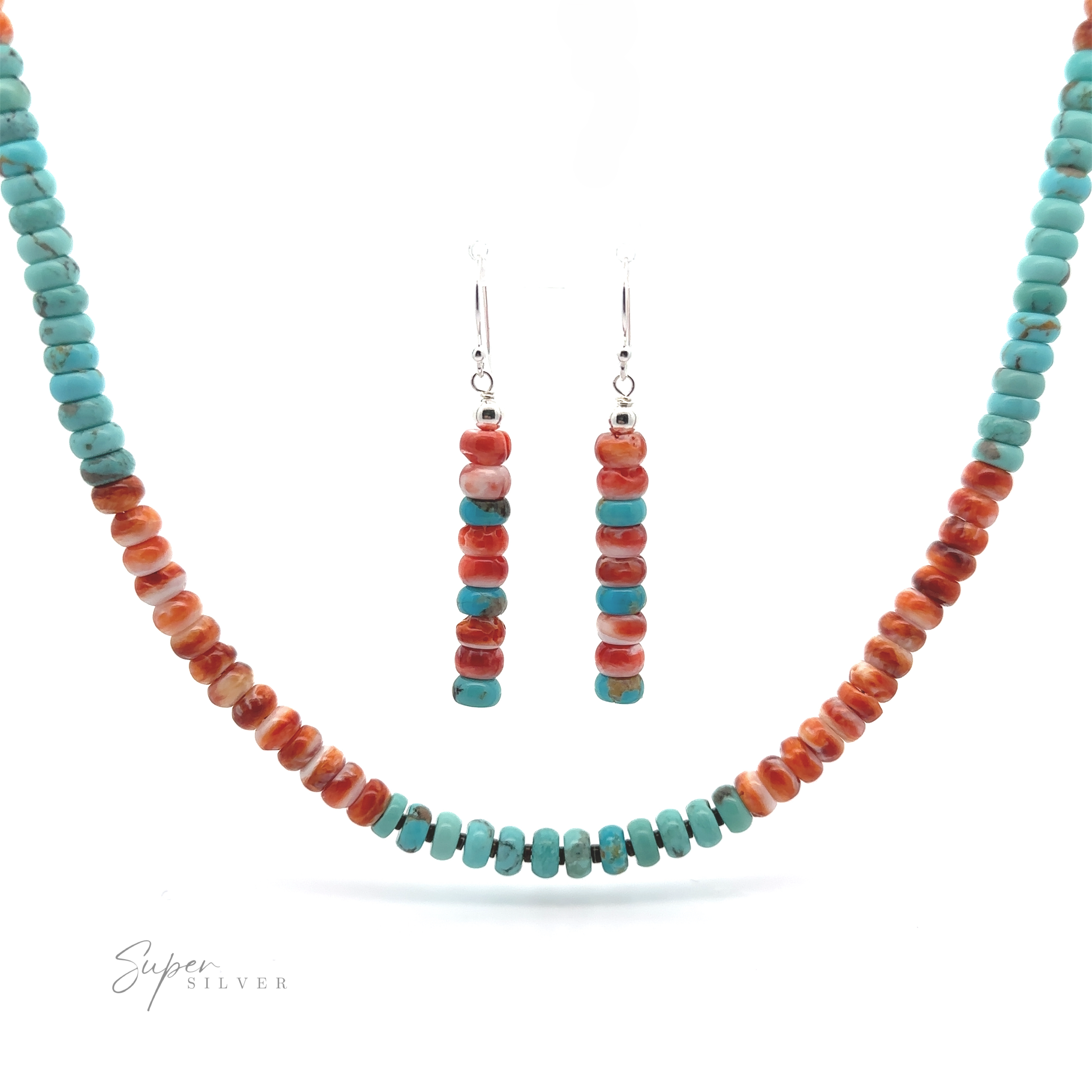 Vibrant Turquoise and Spiny Oyster Shell necklace and earring set, representative of Native American jewelry, displayed against a white background with a signature logo in the corner.