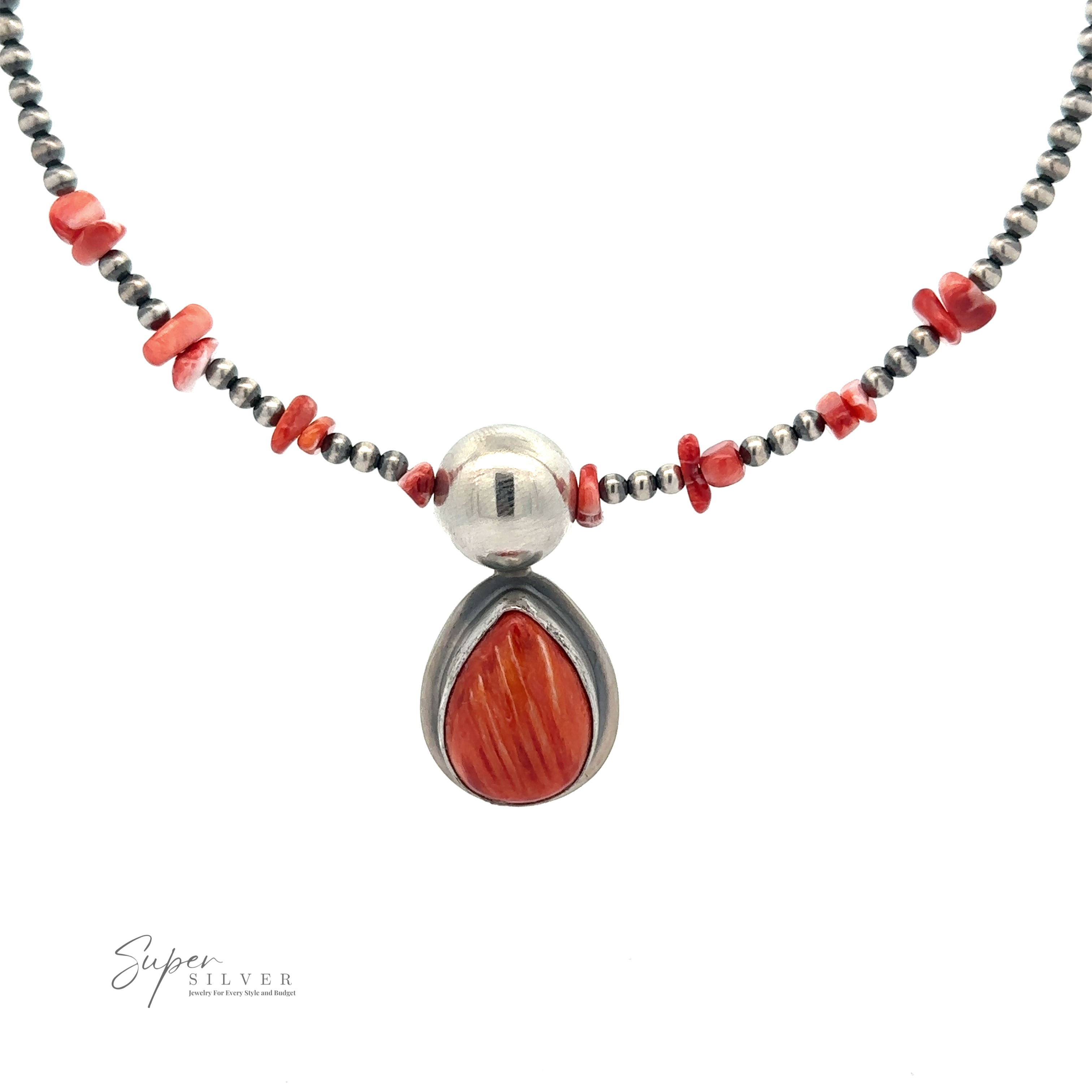 A Wrap Around Spiny Oyster Shell Choker Necklace featuring a silver teardrop pendant with an orange stone, strung on a beaded chain with silver and orange beads reminiscent of Navajo pearls. Branding text "Super Silver" is visible in the lower left corner.