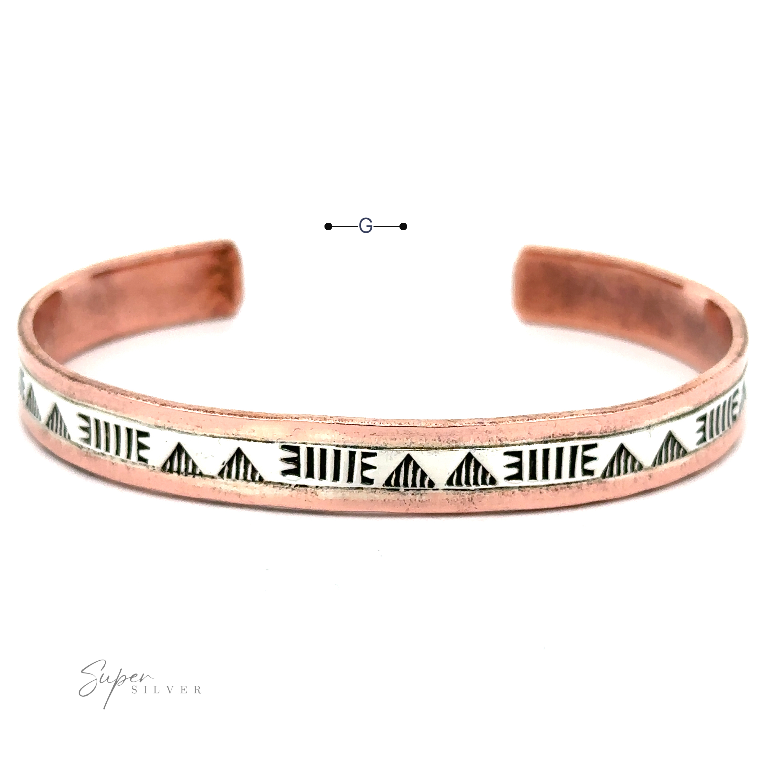 A Native American Handmade Copper And Silver Bracelet with a white enamel segment featuring black geometric patterns is displayed on a white background. The logo "Super Silver" is visible in the bottom left corner, showcasing its handcrafted quality akin to a Native American Cuff Bracelet.