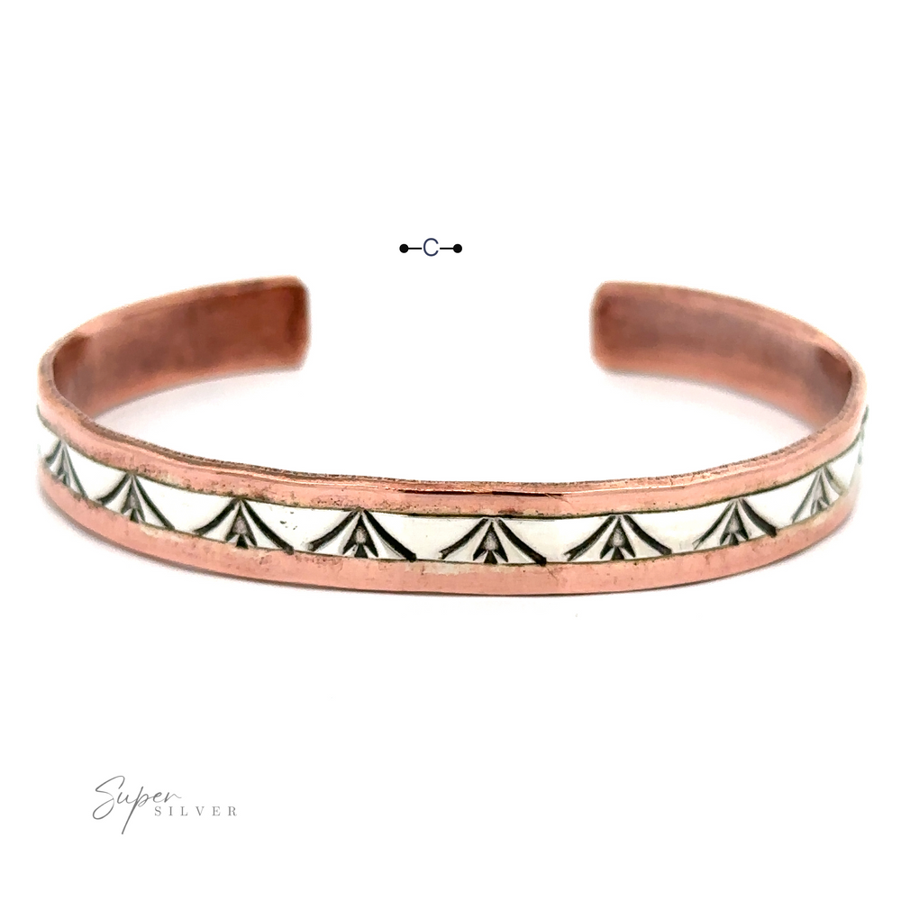 
                  
                    A Native American Handmade Copper And Silver Bracelet featuring a geometric black and white pattern along the center, placed against a plain white background. The logo "Super Silver" is visible at the bottom left corner, highlighting its sterling silver craftsmanship.
                  
                