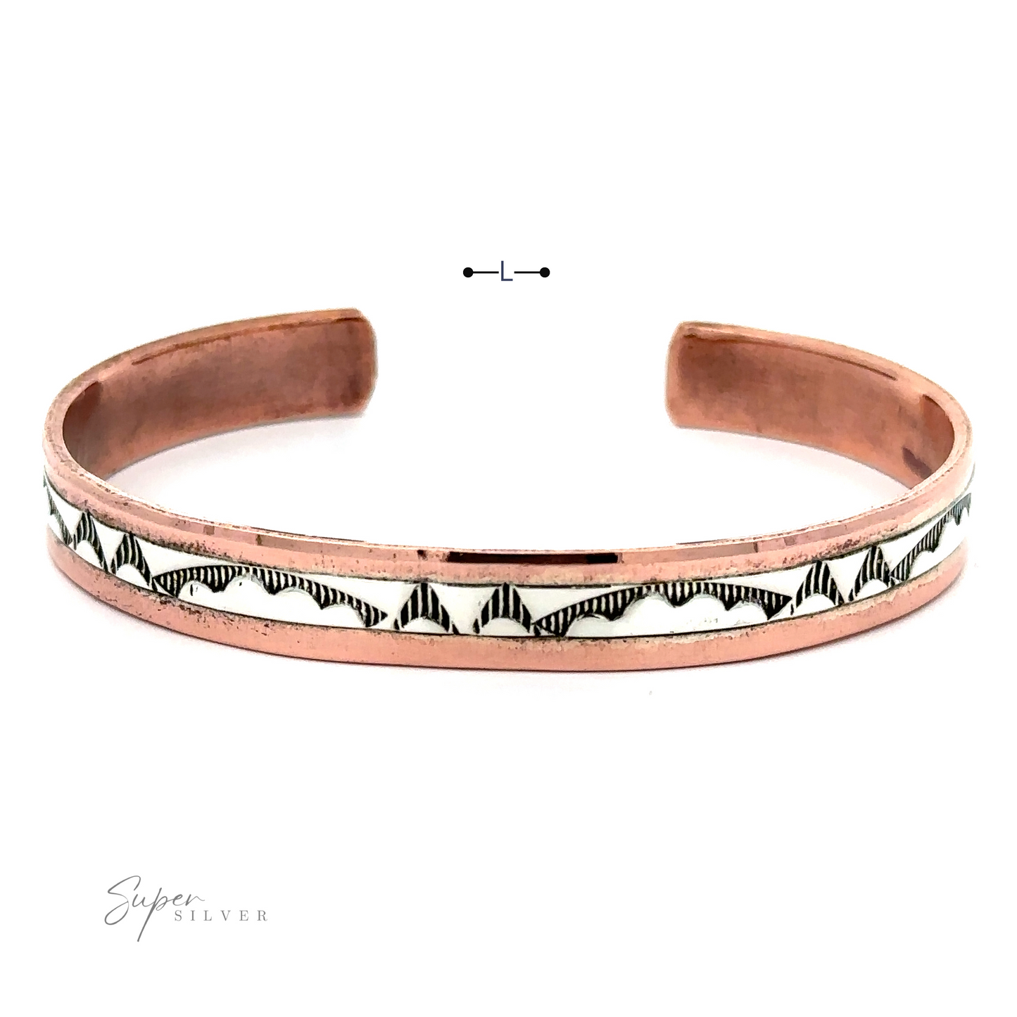 
                  
                    A Native American Handmade Copper And Silver Bracelet featuring a black and white patterned inlay design, with an adjustable gap. A "Super Silver" logo is visible on the bottom-left corner, showcasing Sterling Silver elements and Native American handcrafted artistry.
                  
                