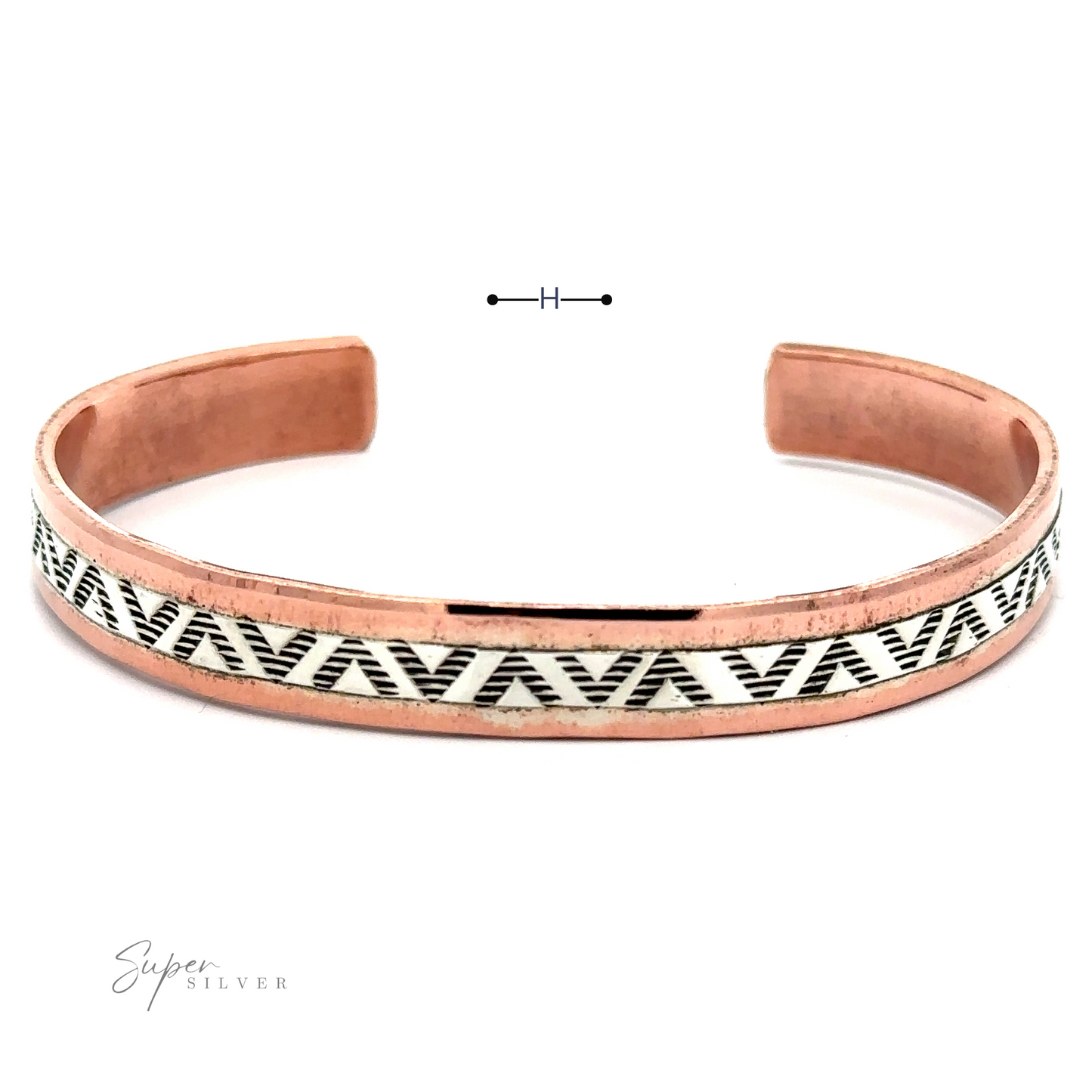 
                  
                    Native American Handmade Copper And Silver Bracelet with black and silver geometric patterns, shown on a white background. The open-ended sterling silver bracelet allows for adjustable sizing.
                  
                