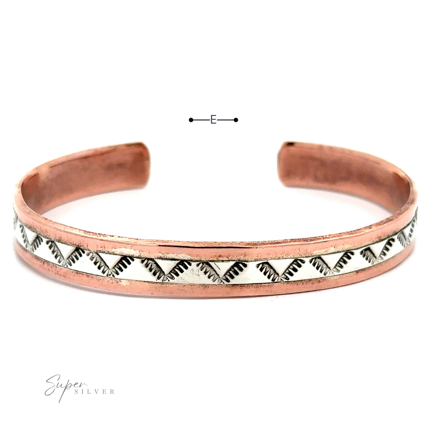 
                  
                    Native American Handmade Copper And Silver Bracelet made from copper and adorned with a captivating zigzag pattern along the center. The open-ended bracelet boasts a polished finish.
                  
                