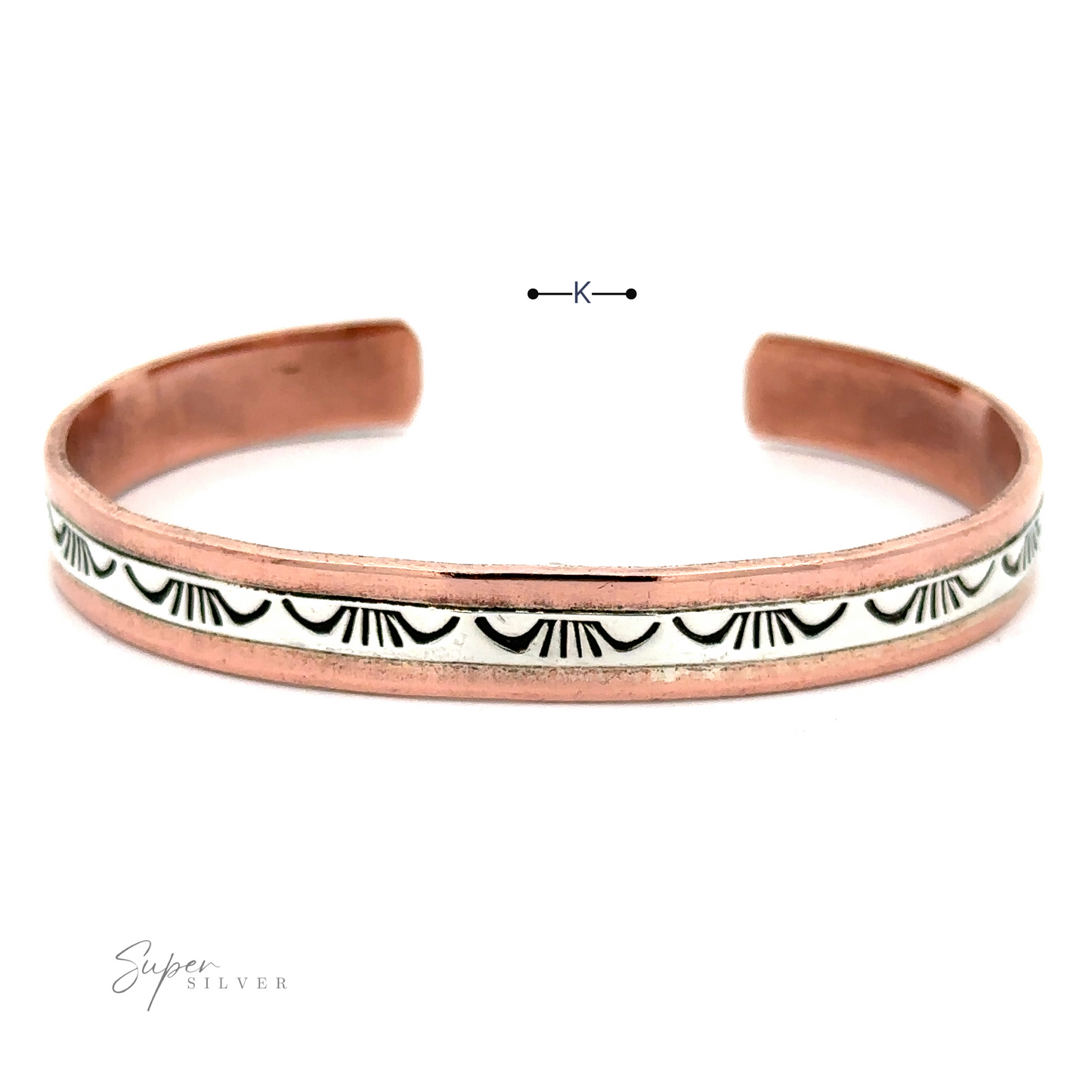 
                  
                    A Native American Handmade Copper And Silver Bracelet with a white enamel band featuring black geometric patterns. The open-ended bracelet showcases "Super Silver" printed on the bottom left, reflecting Native American handcrafted design elements.
                  
                