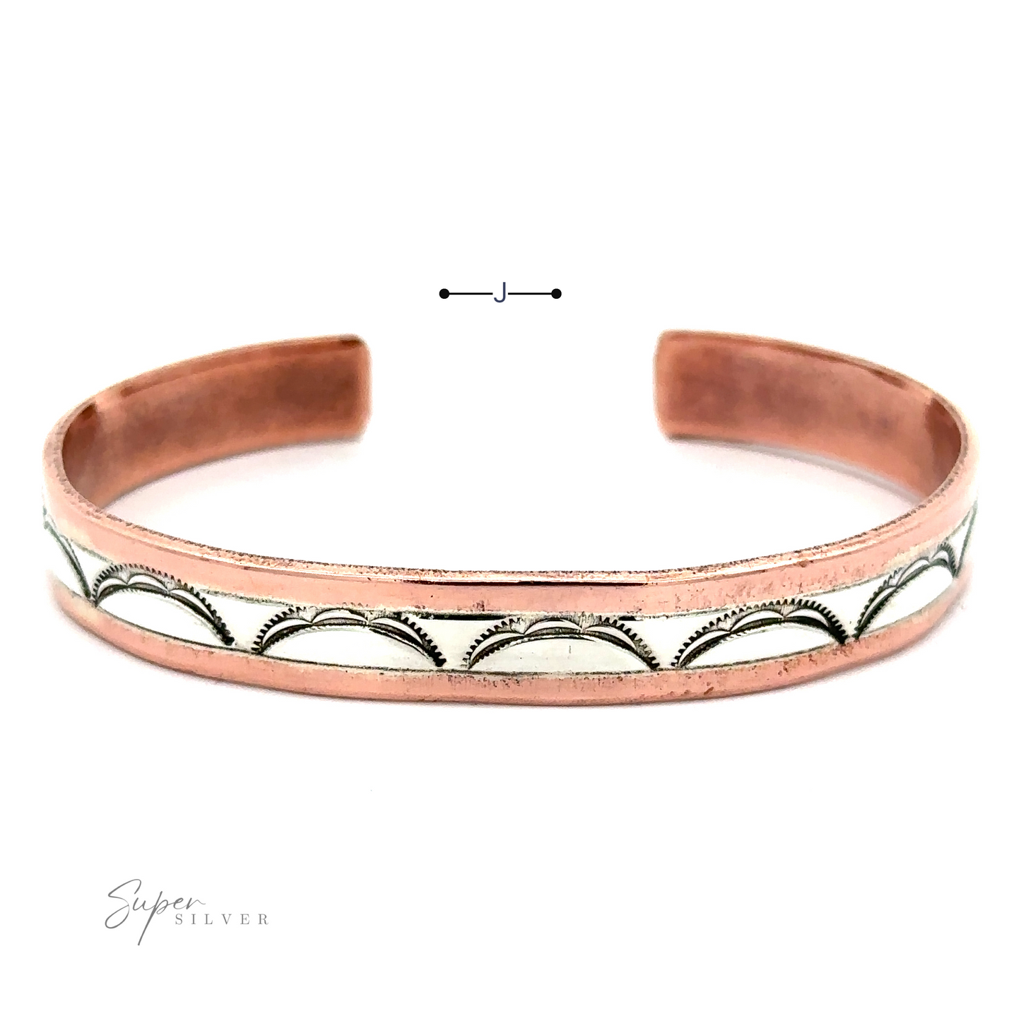 
                  
                    Native American Handmade Copper And Silver Bracelet with sterling silver inlays featuring a repeated curved pattern. Branding text "Super Silver" is visible on the lower left.
                  
                