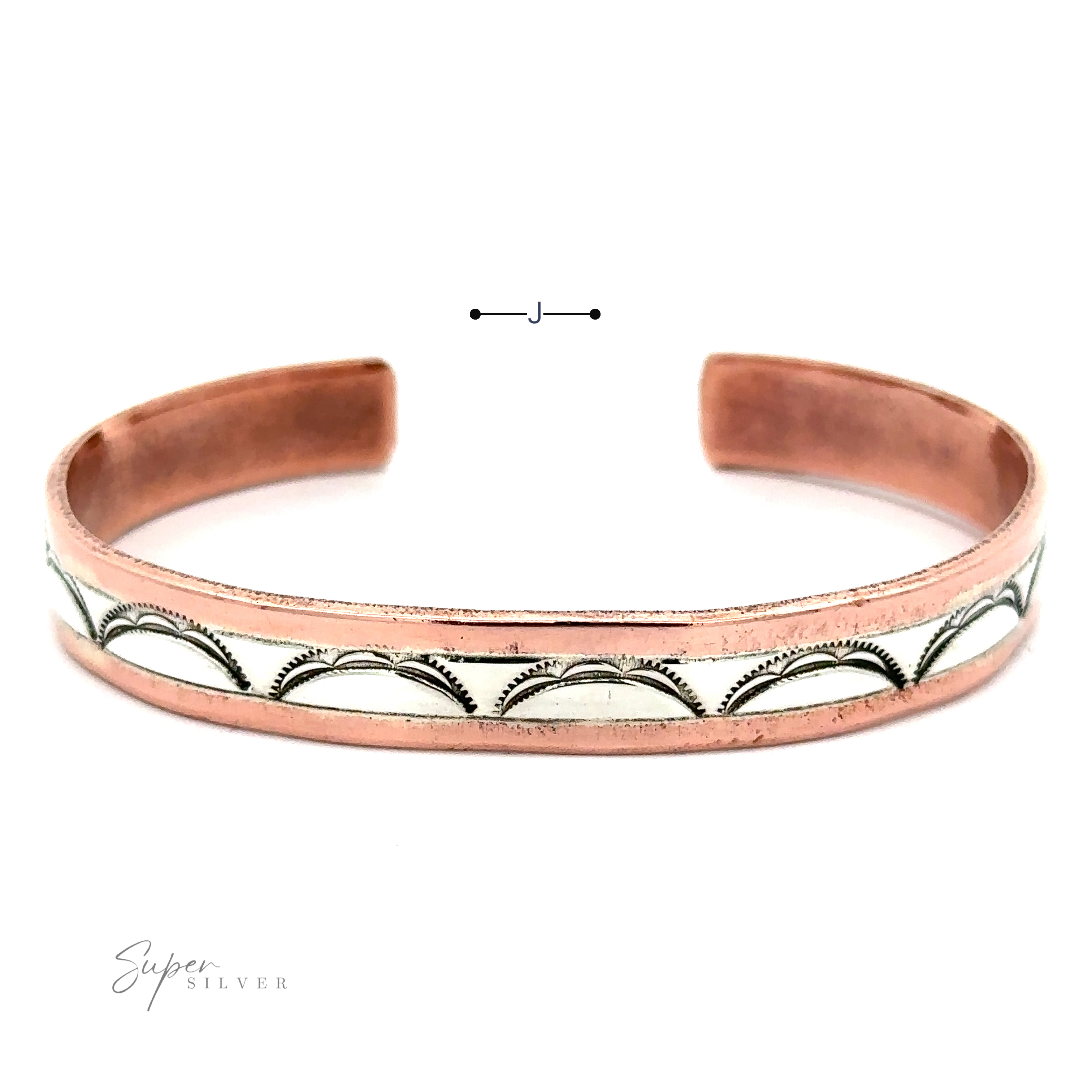 Native American Handmade Copper And Silver Bracelet with sterling silver inlays featuring a repeated curved pattern. Branding text "Super Silver" is visible on the lower left.