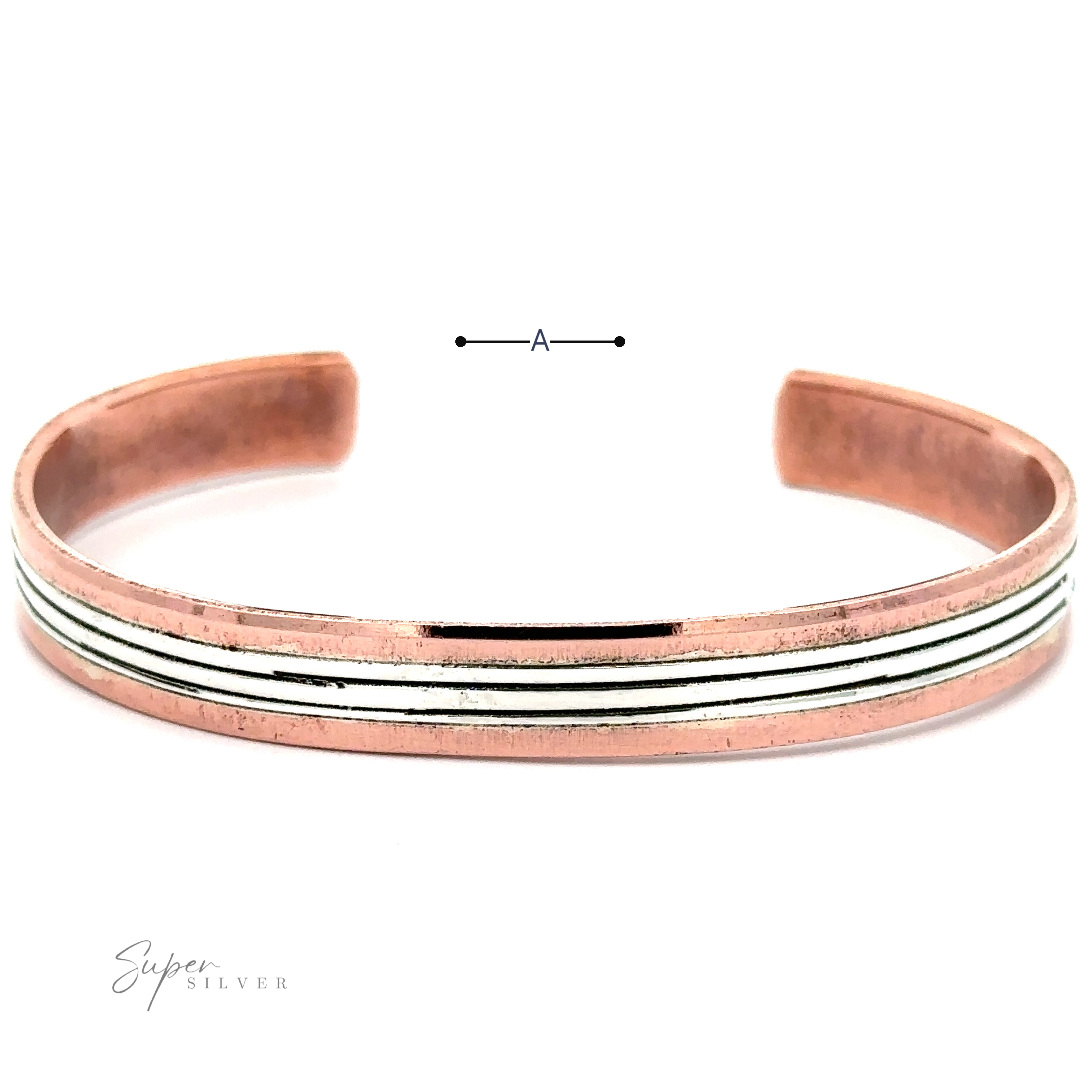 Native American Handmade Copper And Silver Bracelet with an open design, featuring a sterling silver inlaid stripe in the center. The bracelet has smooth edges and a polished finish. "Super Silver" branding is visible in the corner; it exudes the charm of Native American handcrafted artistry.