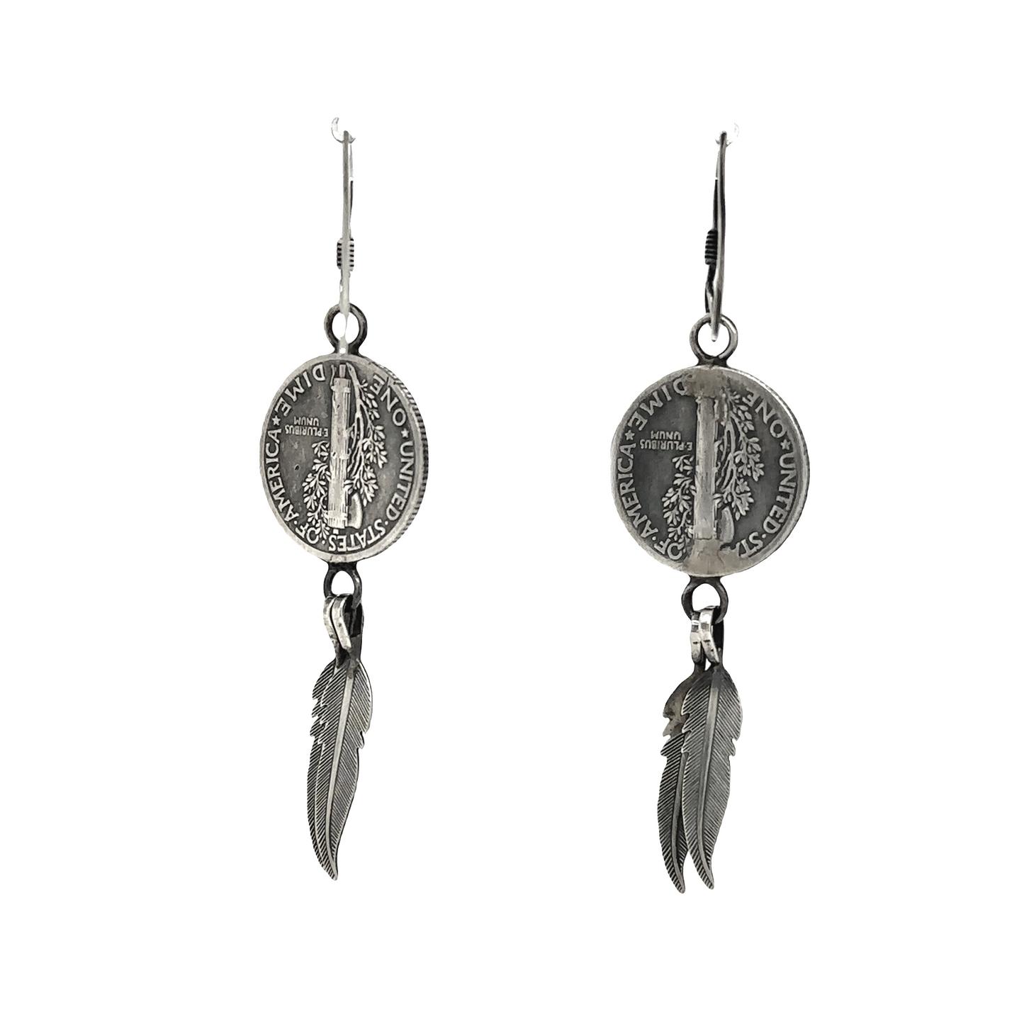 
                  
                    A pair of Silver Super Silver Native American Mercury Dime Earrings with feathers and Mercury dimes.
                  
                