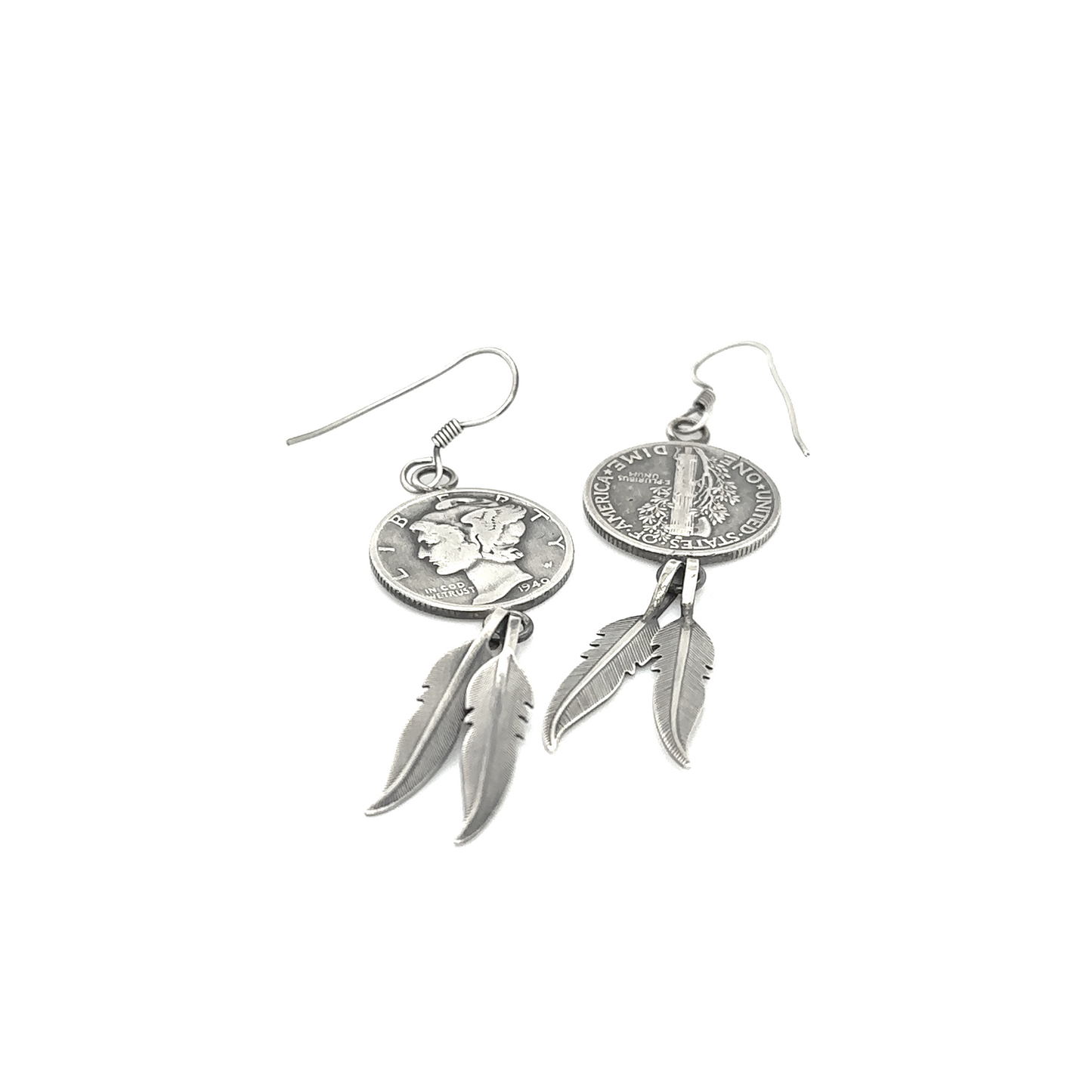 
                  
                    A pair of Native American Mercury Dime Earrings featuring a Winged Liberty Head Dime coin and feathers, produced by Super Silver.
                  
                