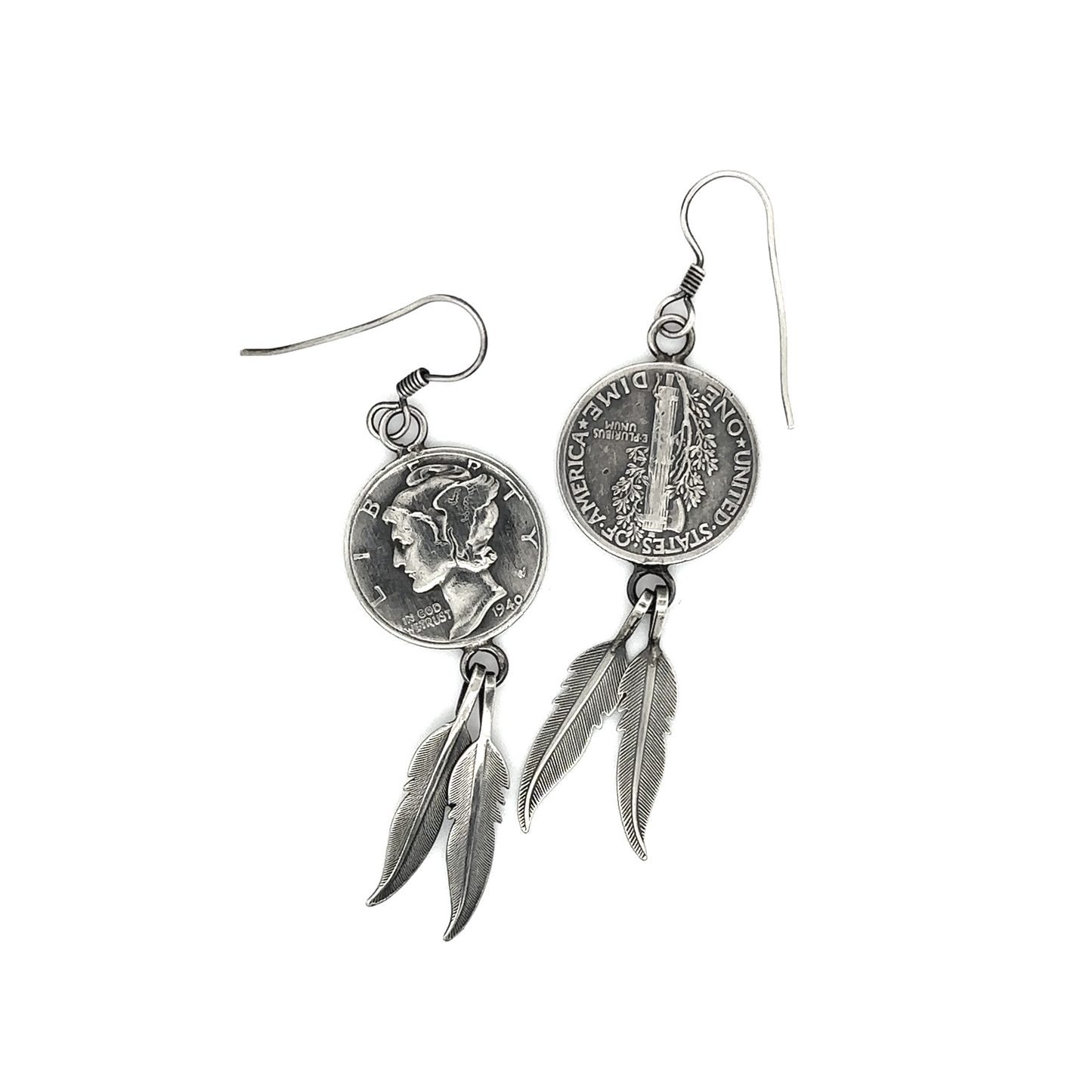 Native American Mercury Dime Earrings silver earrings with feathers by Super Silver.