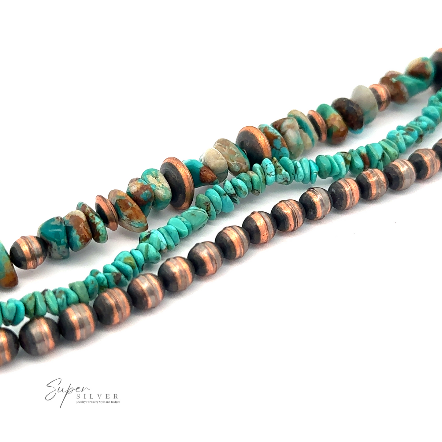 Three strands of Copper and Turquoise Native American Beaded Bracelet: one with turquoise and brown beads, one with small irregular turquoise beads, and one with round silver and brown beads; "Super Silver" logo in the corner.