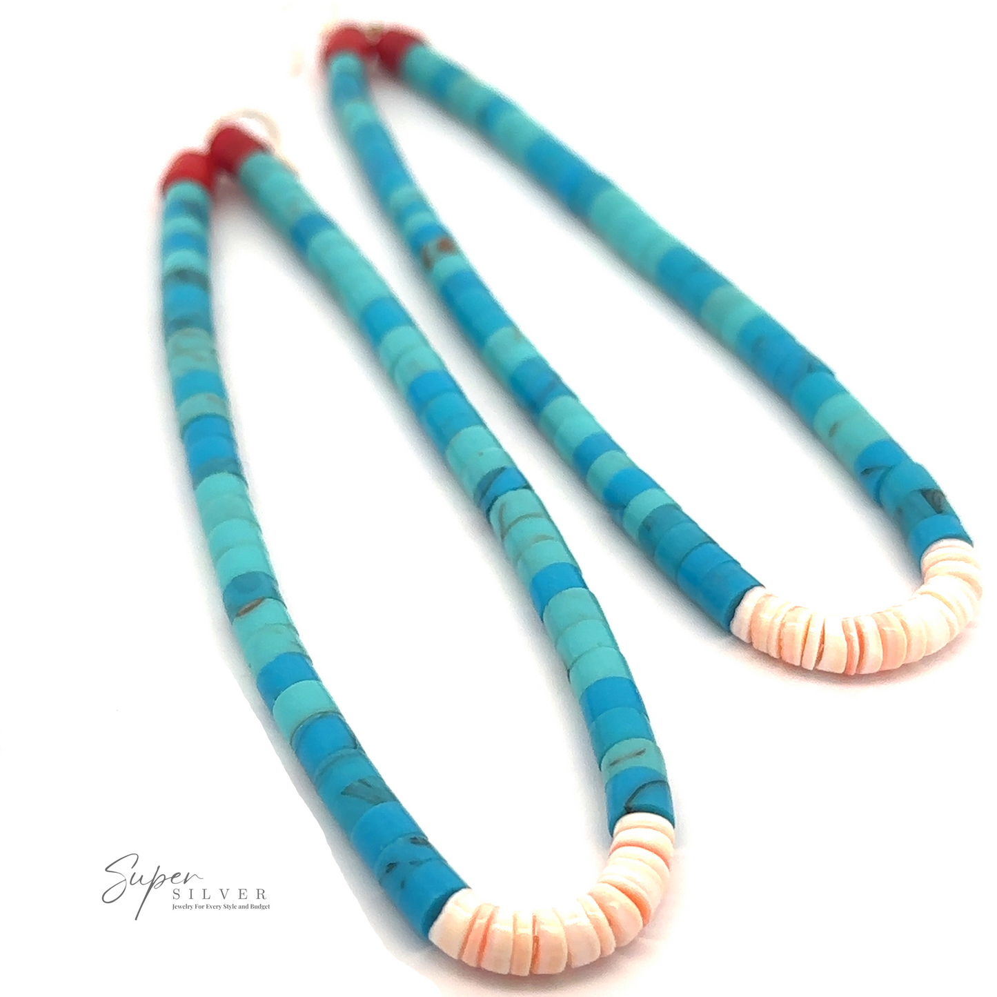 
                  
                    A pair of Long Turquoise Native American Beaded Earrings is arranged in a U-shape on a white background with the text "Super Silver" in the lower left corner, reminiscent of Native American Jewelry.
                  
                