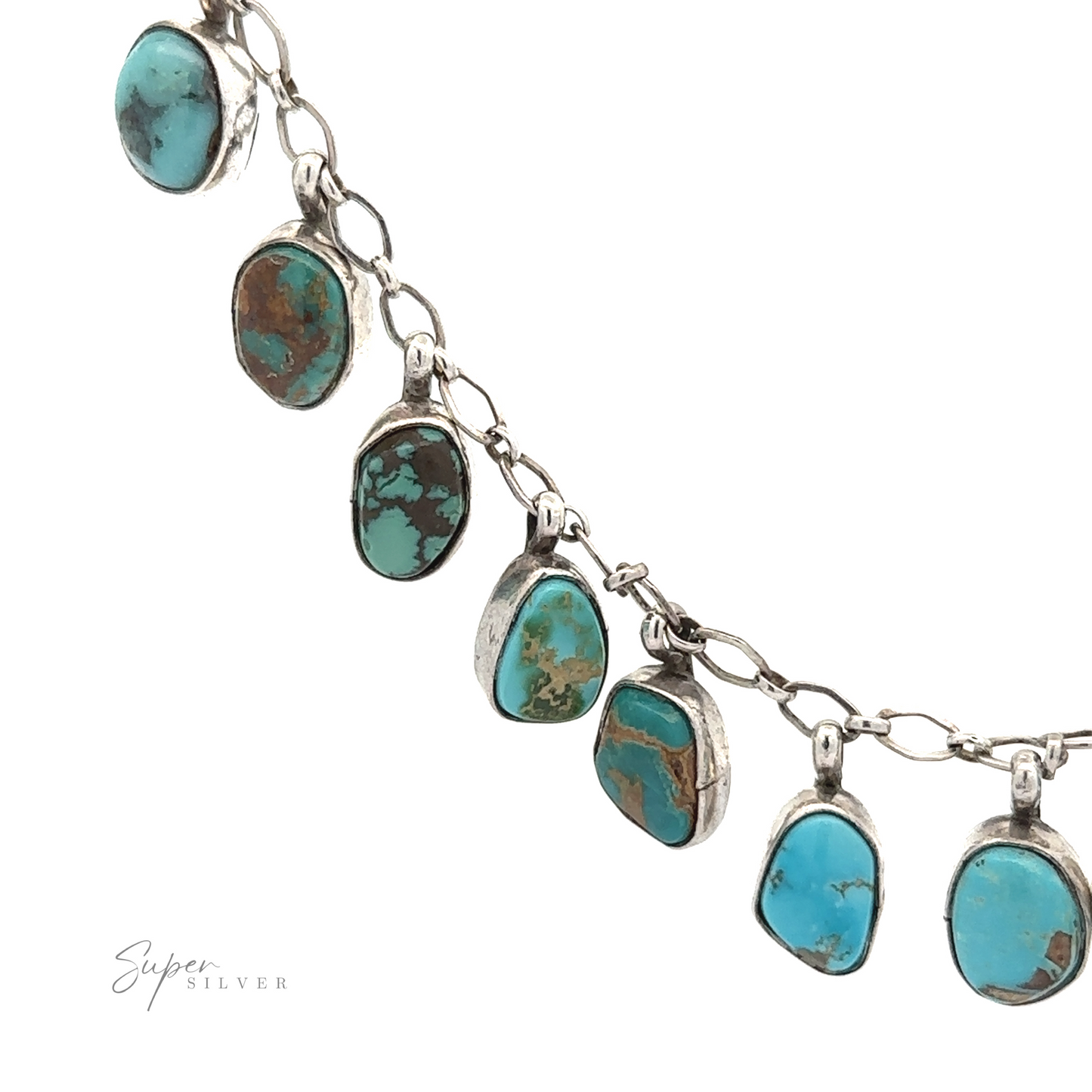 
                  
                    Handcrafted Charm Turquoise necklace with oval-shaped stones displayed against a white background, with the text "super silver.
                  
                