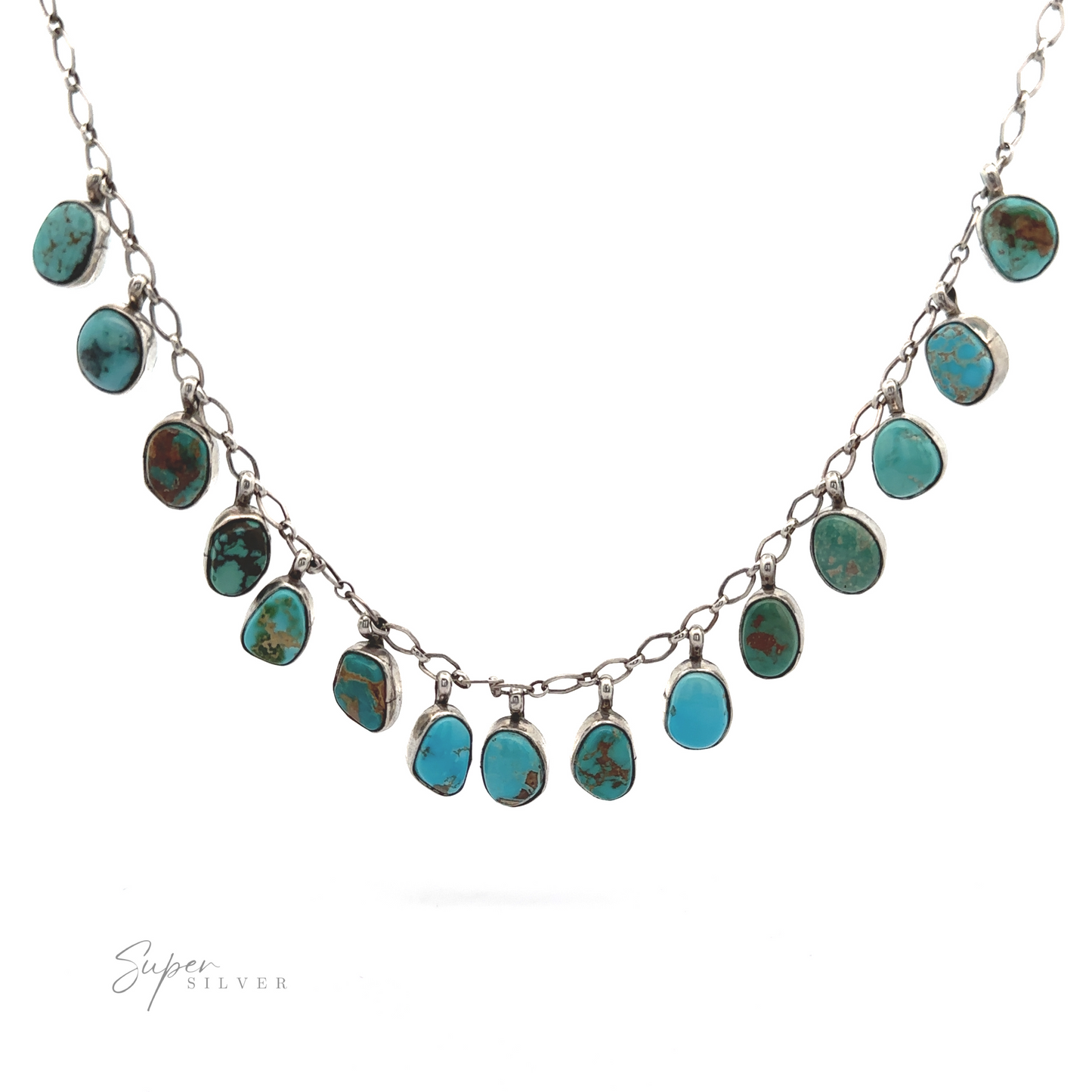 
                  
                    Handcrafted Charm Turquoise Necklace with multiple turquoise stones in various shapes, displayed on a white background.
                  
                