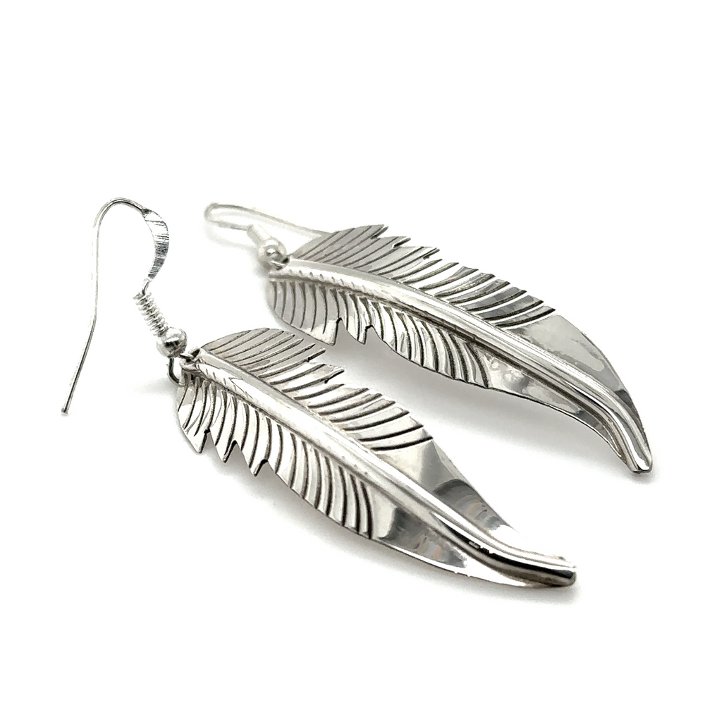 
                  
                    A pair of striking Native American feather earrings on a white background.
                  
                