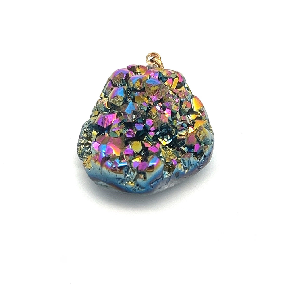 
                  
                    A dazzling Druzy Pendant featuring colorful titanium druzy with iridescent crystal formations and a gold-plated bail at the top.
                  
                