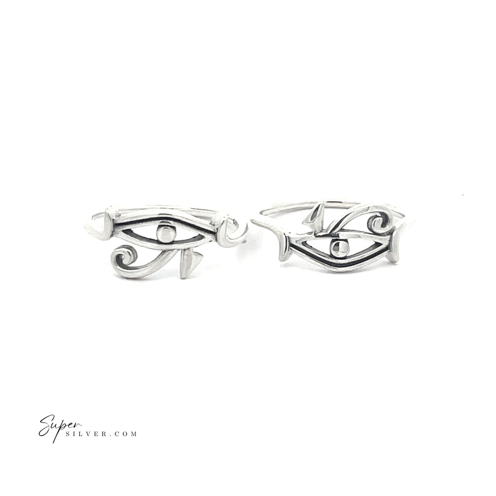 Two Simple Eye of Ra rings in sterling silver, showcasing a high polish and the iconic Eye of Horus symbol. Placed side by side on a white background, they exude timeless elegance and mystical allure.