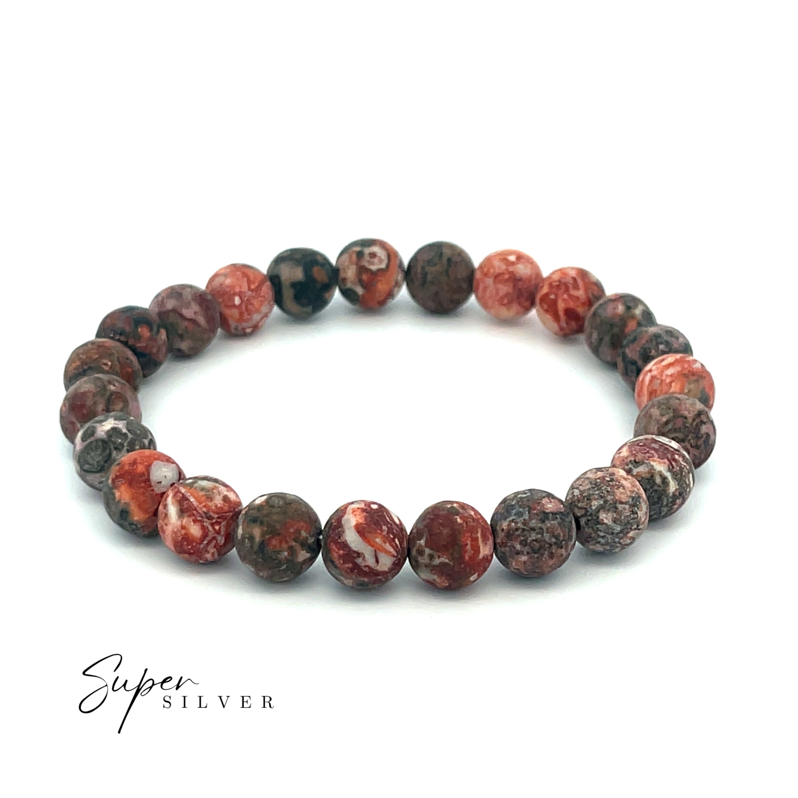 The Beaded Stone Bracelets feature round reddish-brown and dark marbled stones, arranged in a circle on a white background with "Super Silver" in the corner. Ideal for stacking with other bracelets.