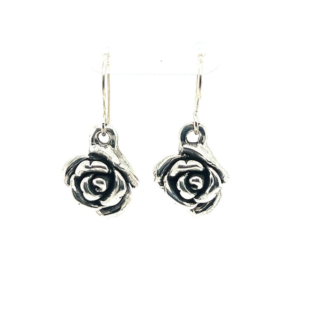 Super Silver's Small Electroformed Rose earrings display exquisite craftsmanship on a white background.