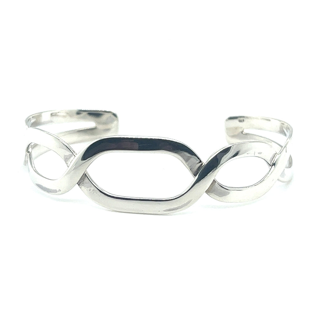 A sleek and streamlined Elongated Oval Twisted Cuff bracelet with an infinity design, crafted from .925 Sterling Silver by Super Silver.