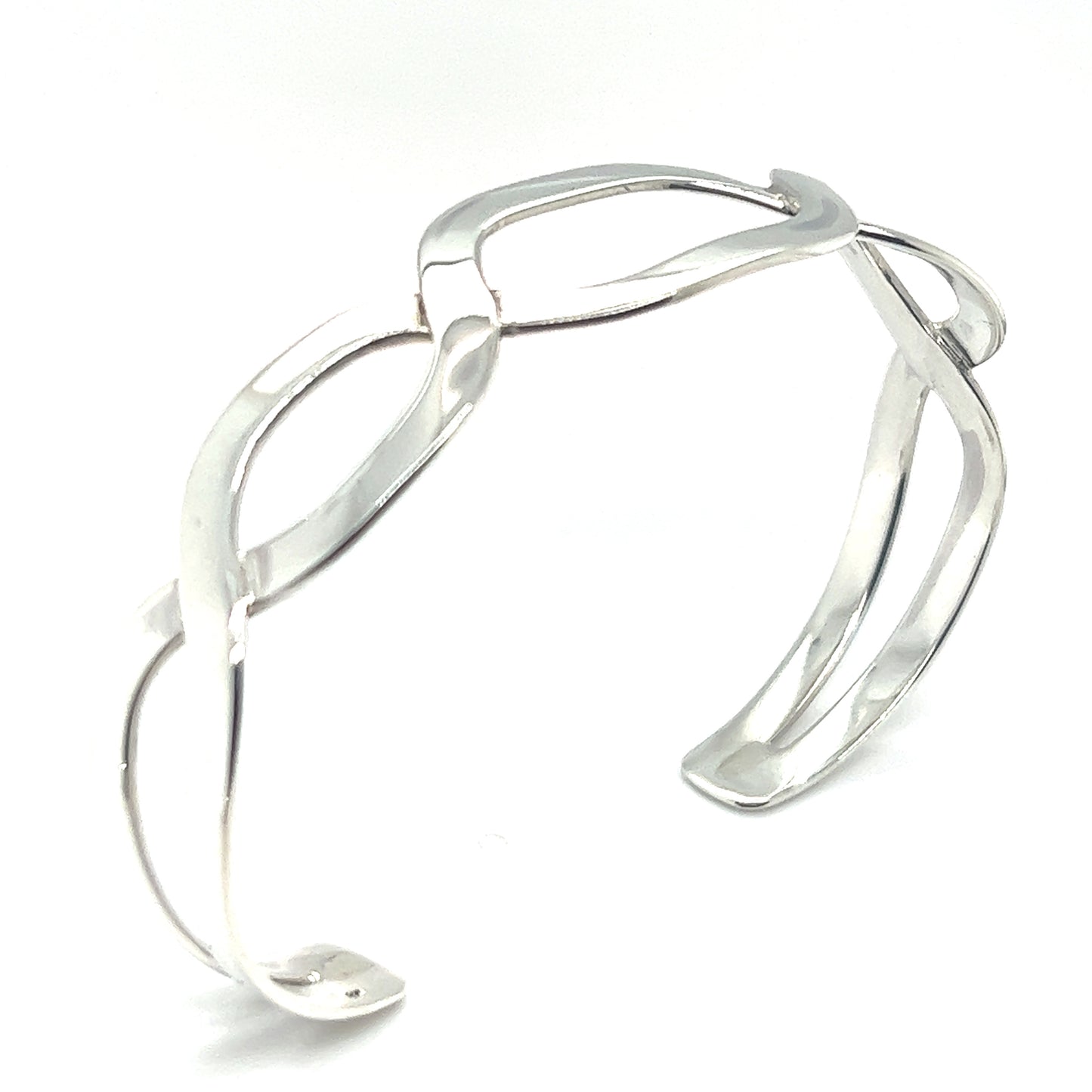 A sleek and streamlined Super Silver Elongated Oval Twisted Cuff bracelet with an elongated twisting design.
