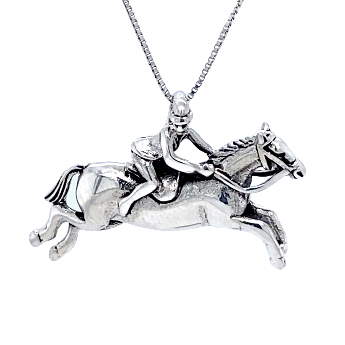 
                  
                    A Jumping Horse with Jockey Charm featuring a detailed design of a jockey riding a galloping horse, perfect as an exquisite equestrian gift.
                  
                