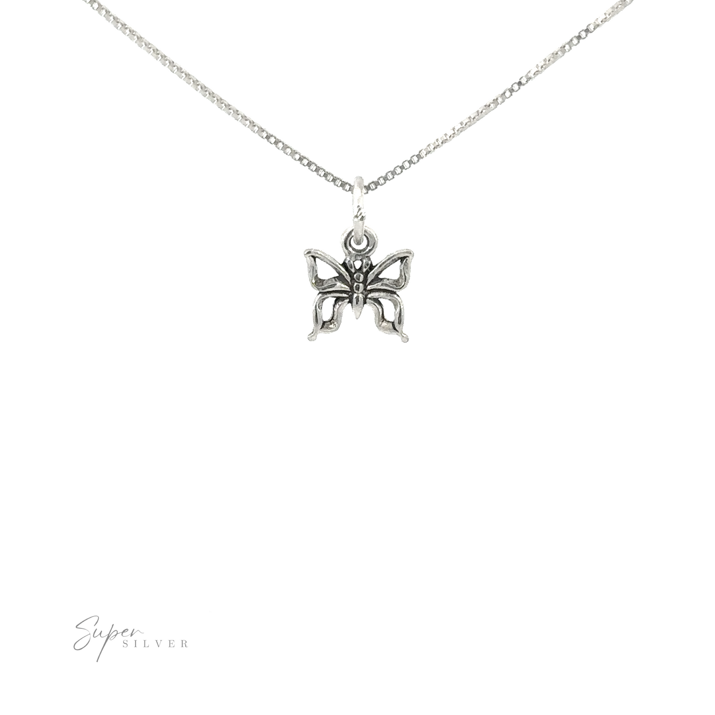 
                  
                    A sterling silver necklace with a Tiny Butterfly Charm.
                  
                