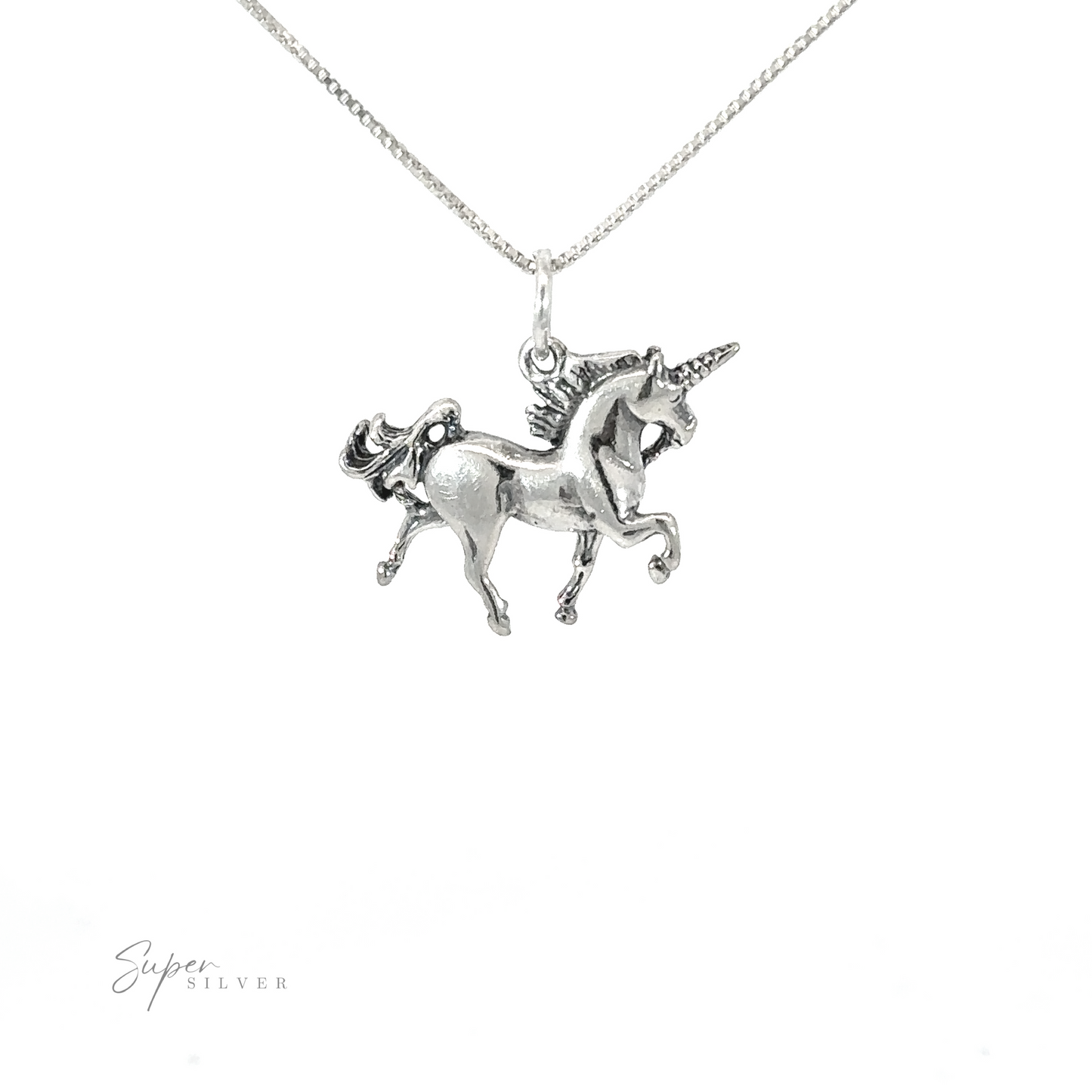A .925 sterling silver Reversible Unicorn Charm pendant on a chain, set on a white background.