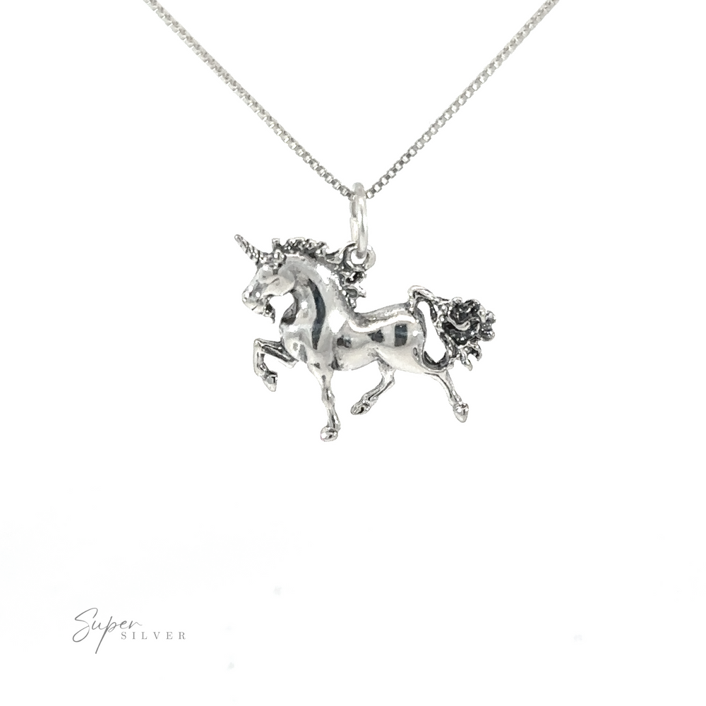 A .925 Sterling Silver Unicorn Charm with detailed hair, on a chain.