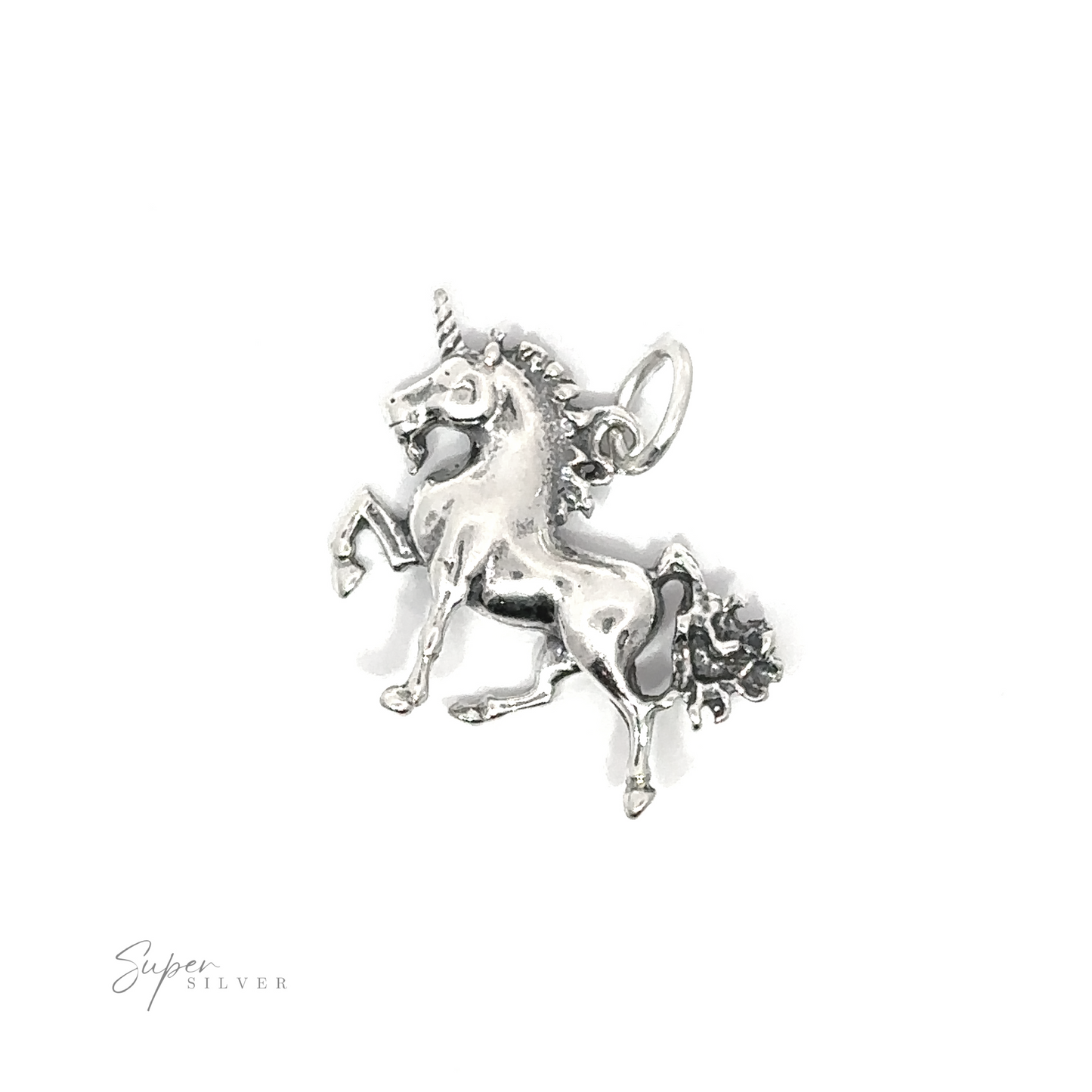 A .925 Sterling Silver Unicorn Charm with detailed hair on a white background.