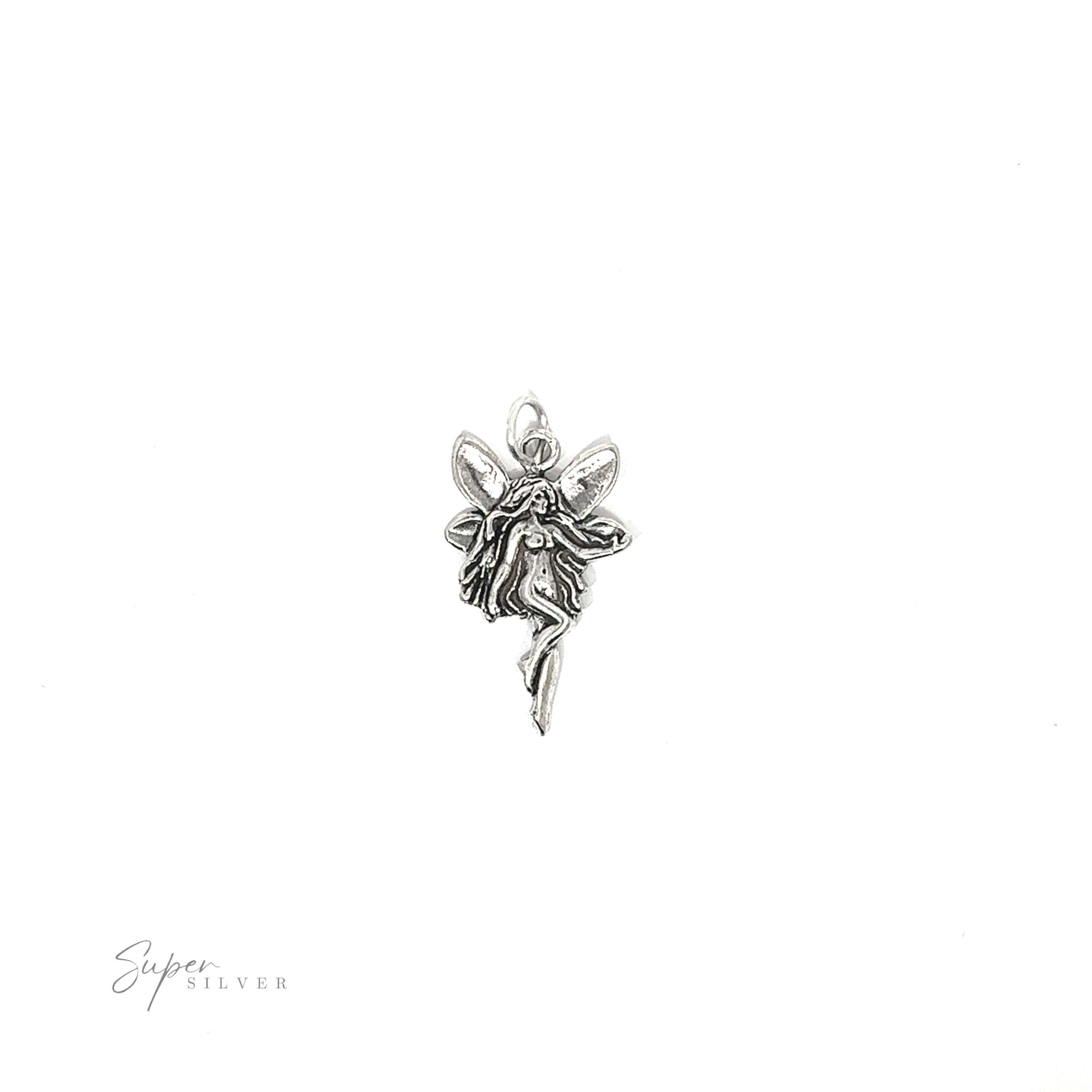A silver Sideways Facing Fairy Charm with enchanting long hair.