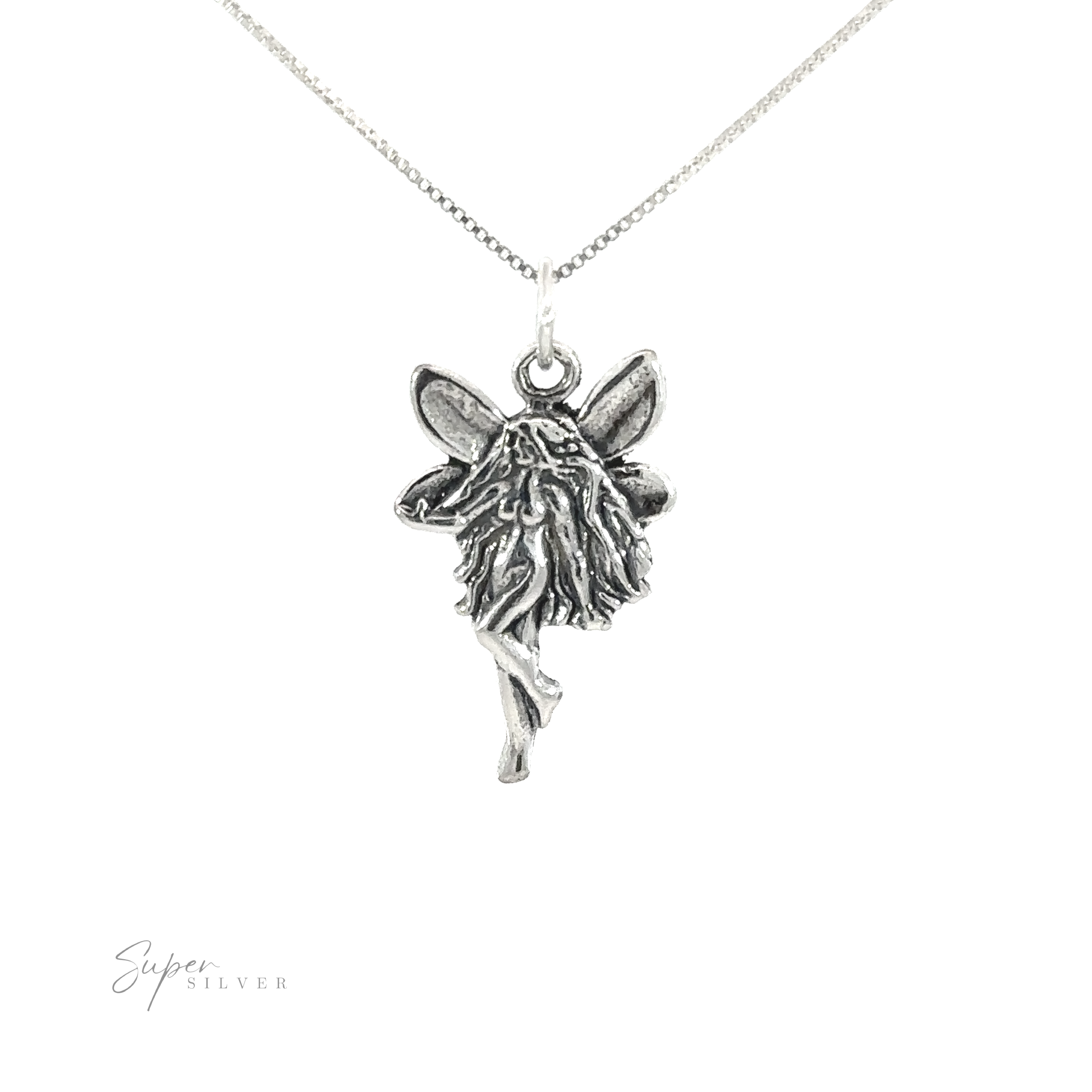 A silver necklace with a Sideways Facing Fairy Charm.