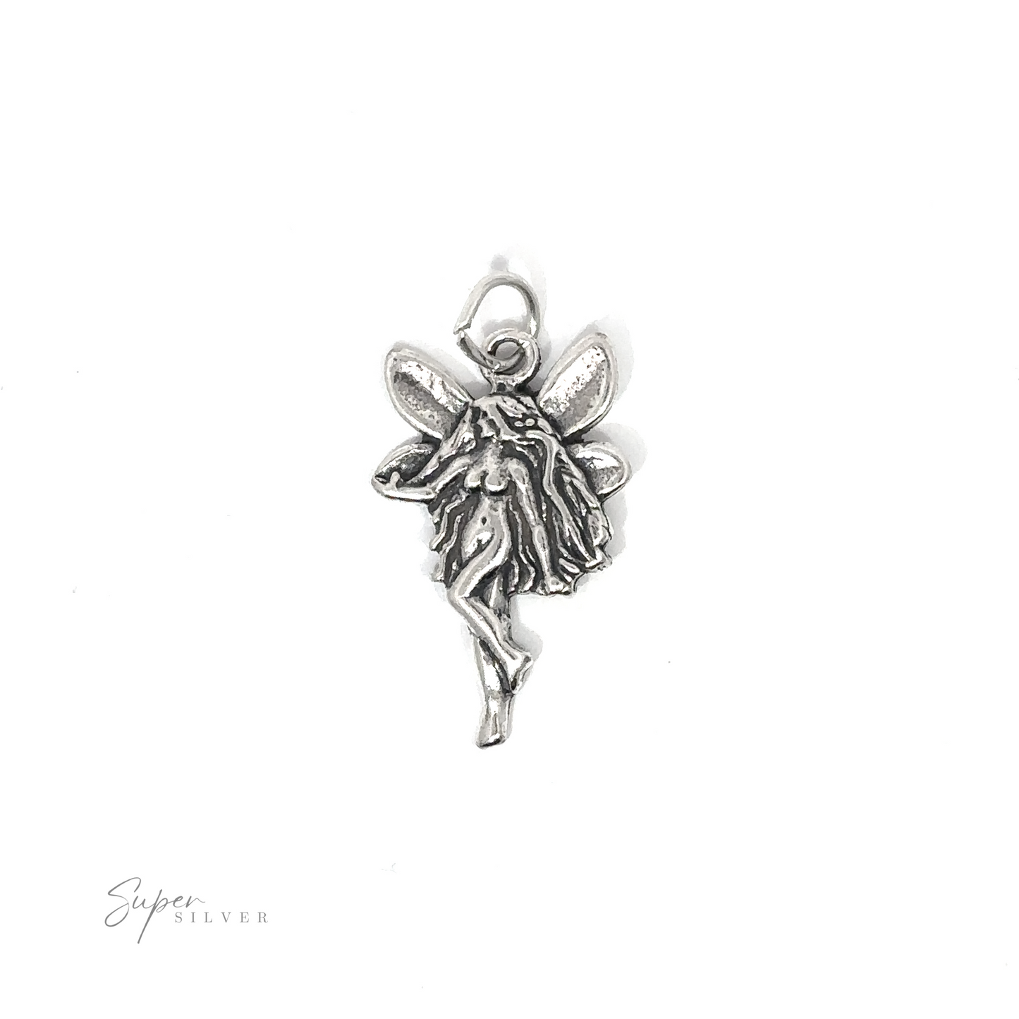 
                  
                    A silver pendant adorned with a Sideways Facing Fairy Charm.
                  
                