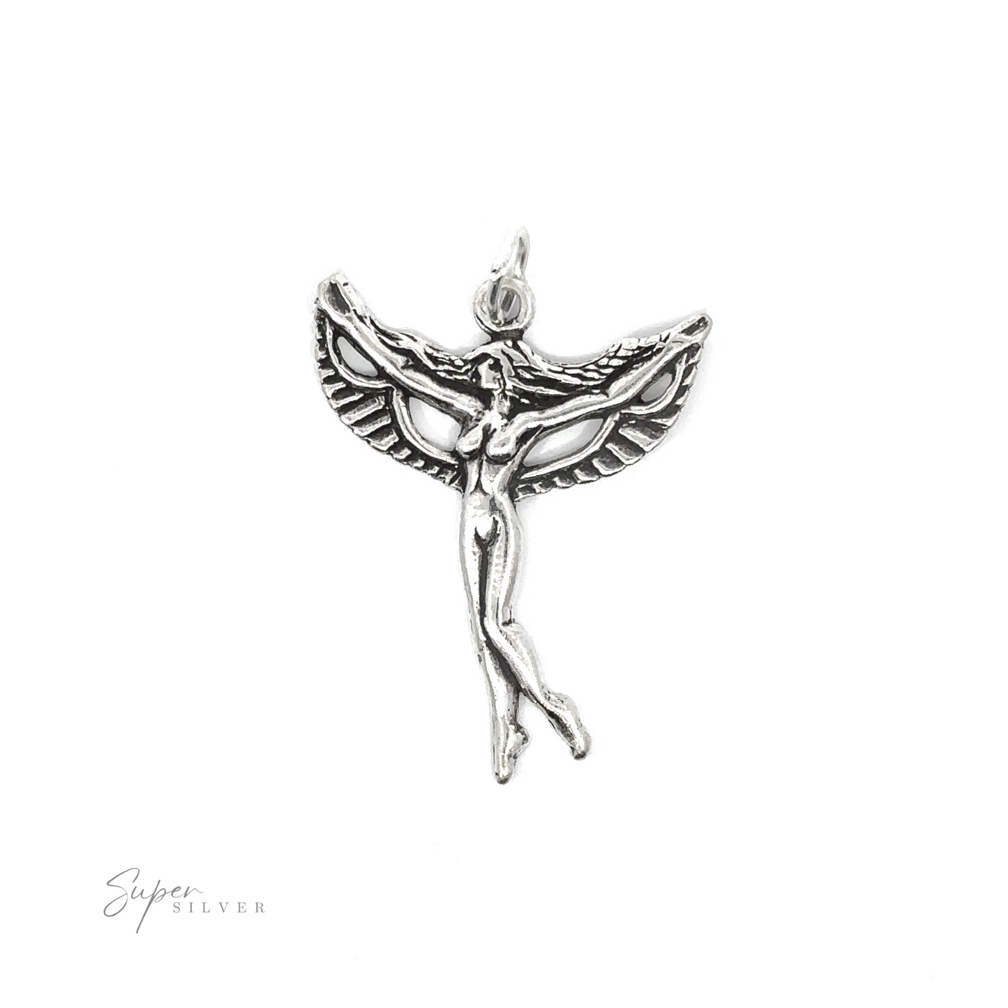 
                  
                    A silver angel pendant with wings, also serving as a Goddess Charm.
                  
                