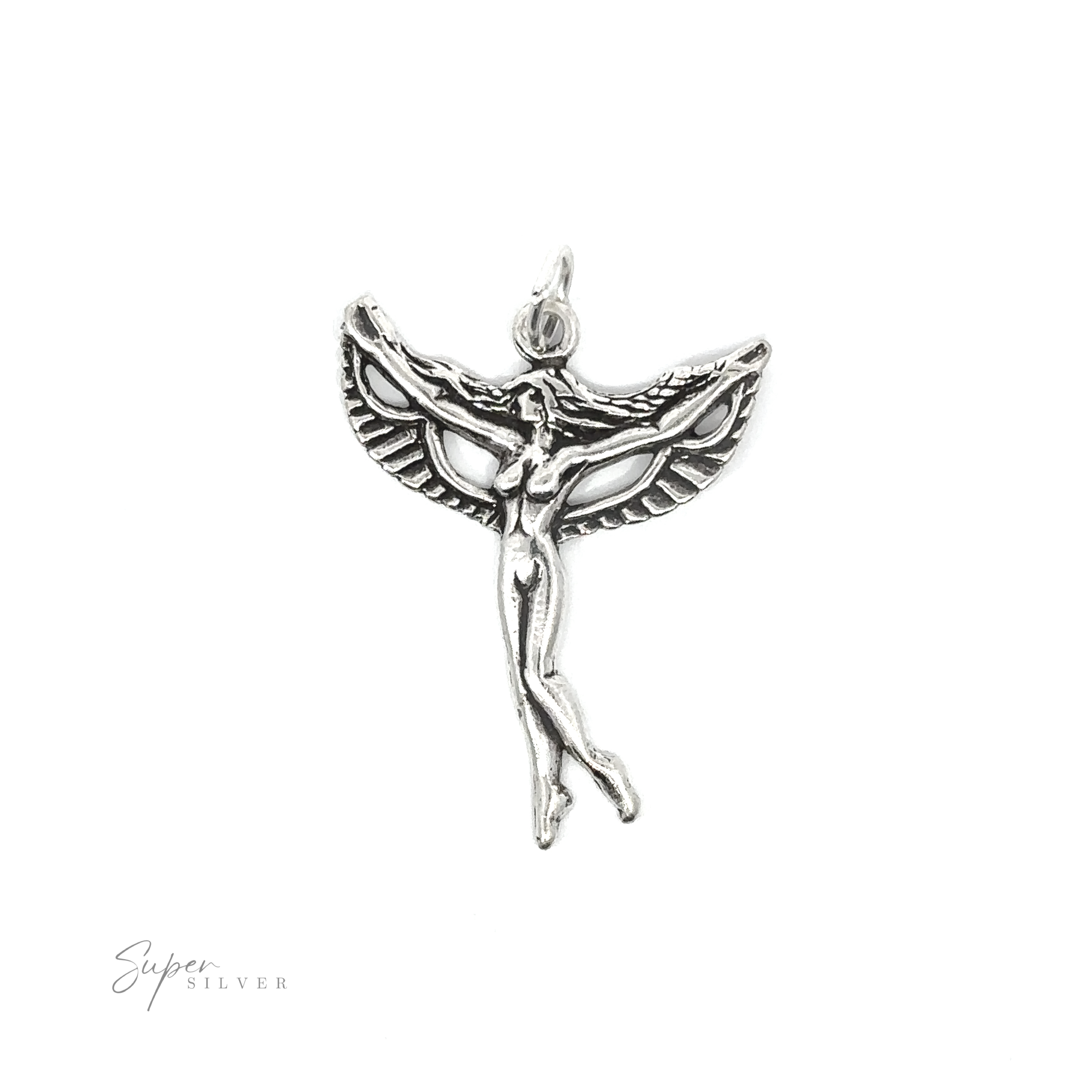A silver angel pendant with wings, also serving as a Goddess Charm.