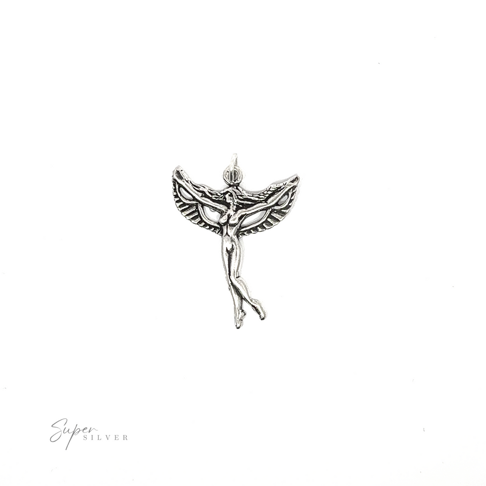 
                  
                    A silver Goddess Charm pendant with wings on a white background.
                  
                