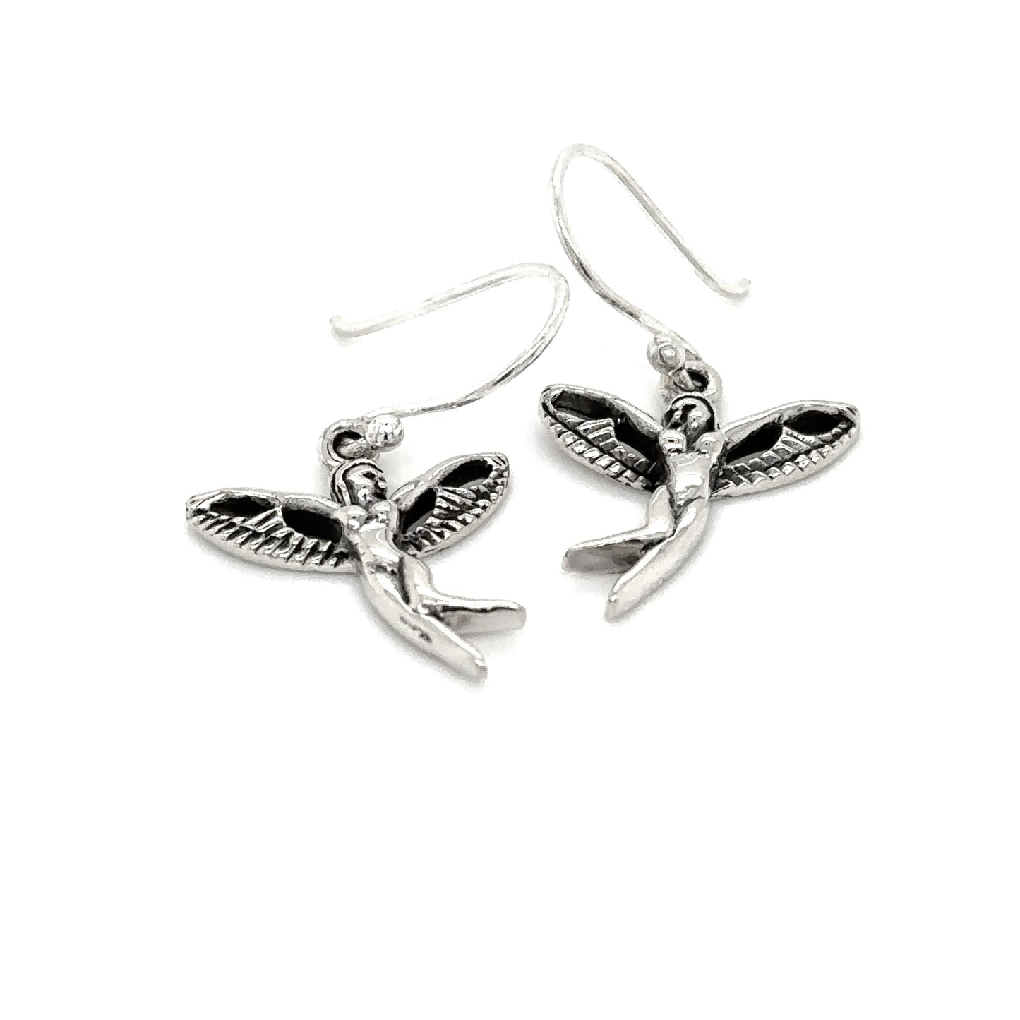 A pair of Fairy Dangle Earrings with hummingbirds on them by Super Silver.