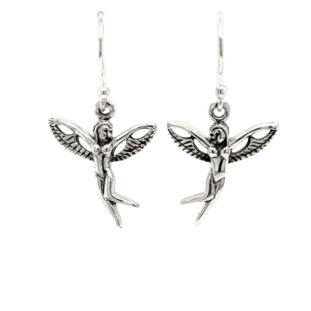 A pair of Super Silver Fairy Dangle Earrings with a pair of fairy wings.