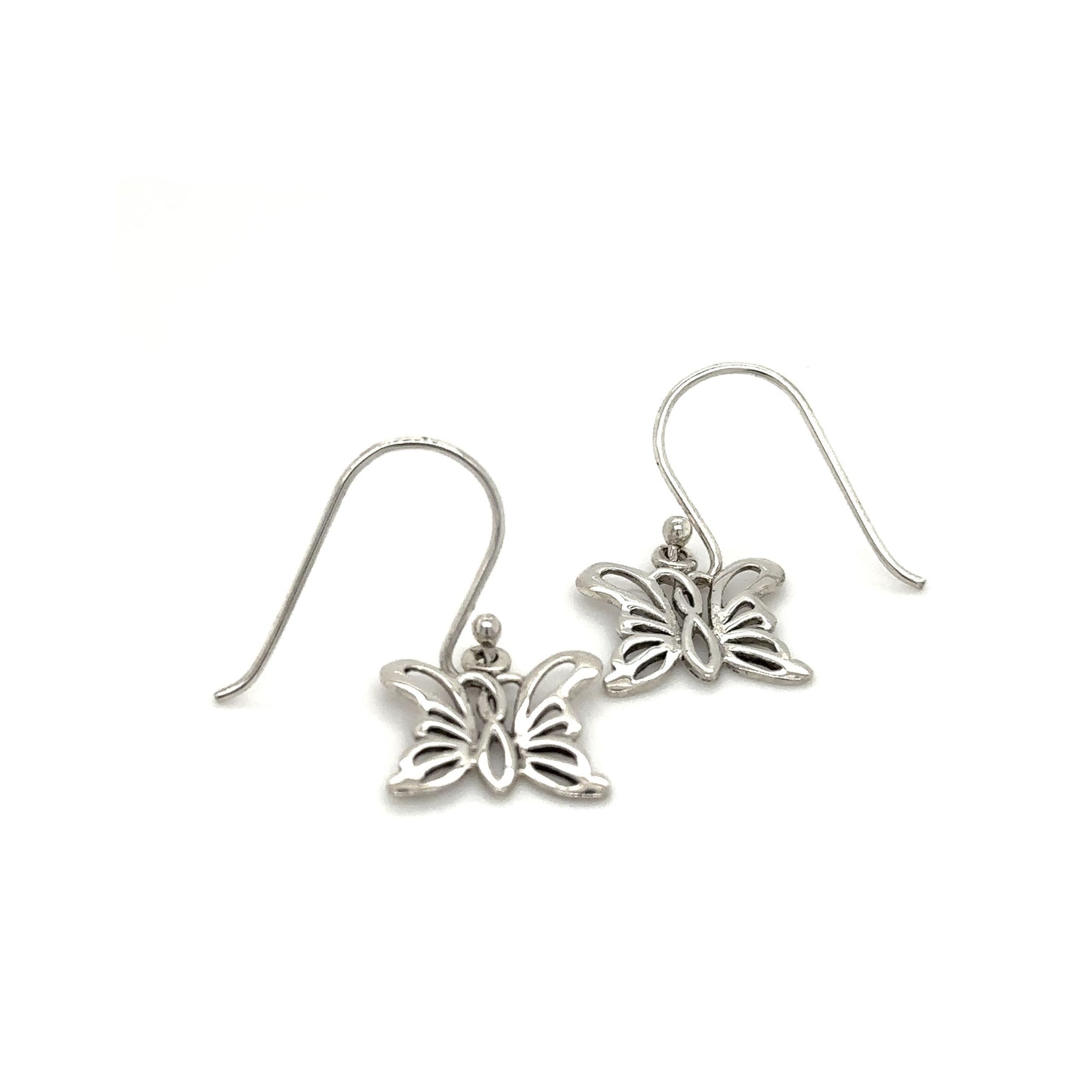 A pair of Simple Butterfly Outline Earrings by Super Silver on a white background, symbolizing hope and positivity.