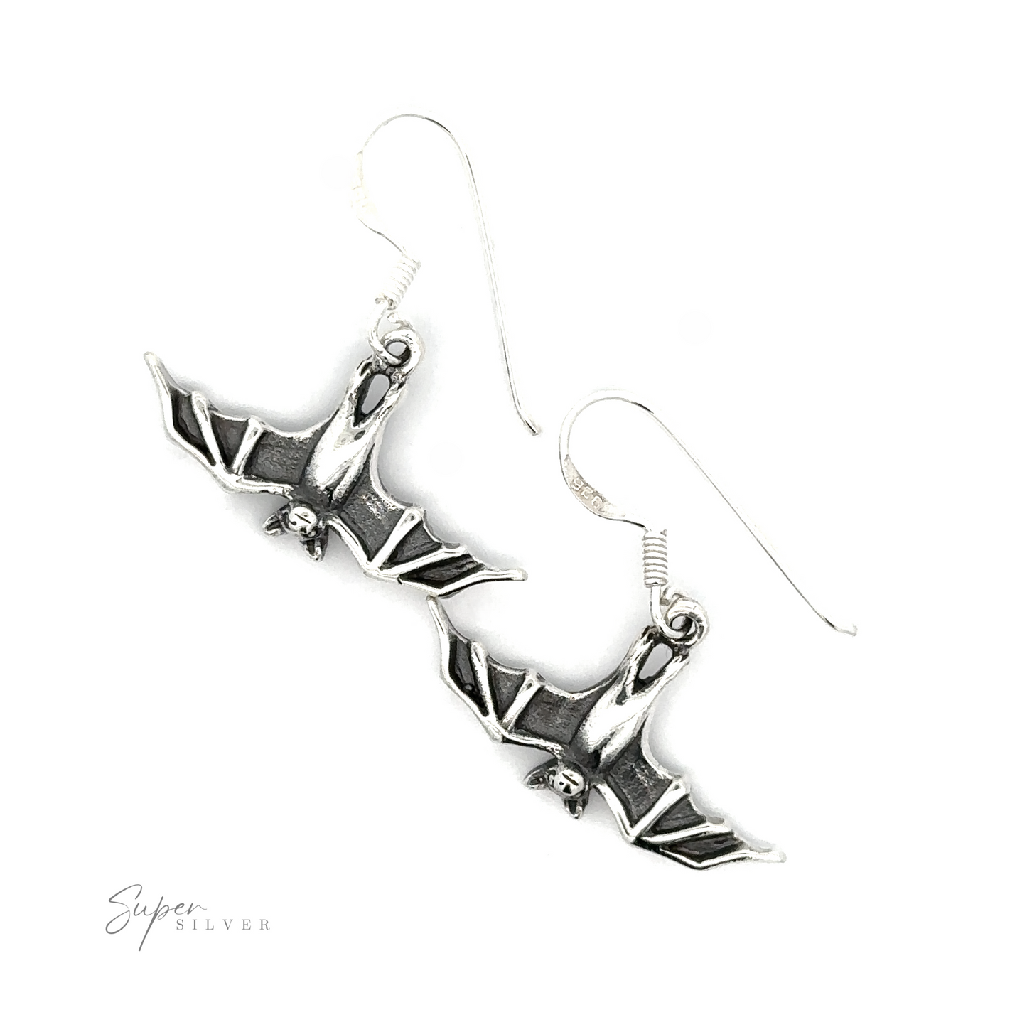 
                  
                    A pair of 'Hanging Bat Earrings' with intricate detail, displayed on a white background with a 'super silver' watermark.
                  
                