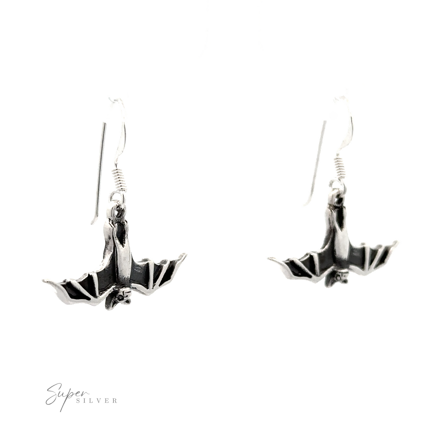 
                  
                    A pair of Hanging Bat Earrings displayed against a white background, with a faint "super silver" watermark below.
                  
                