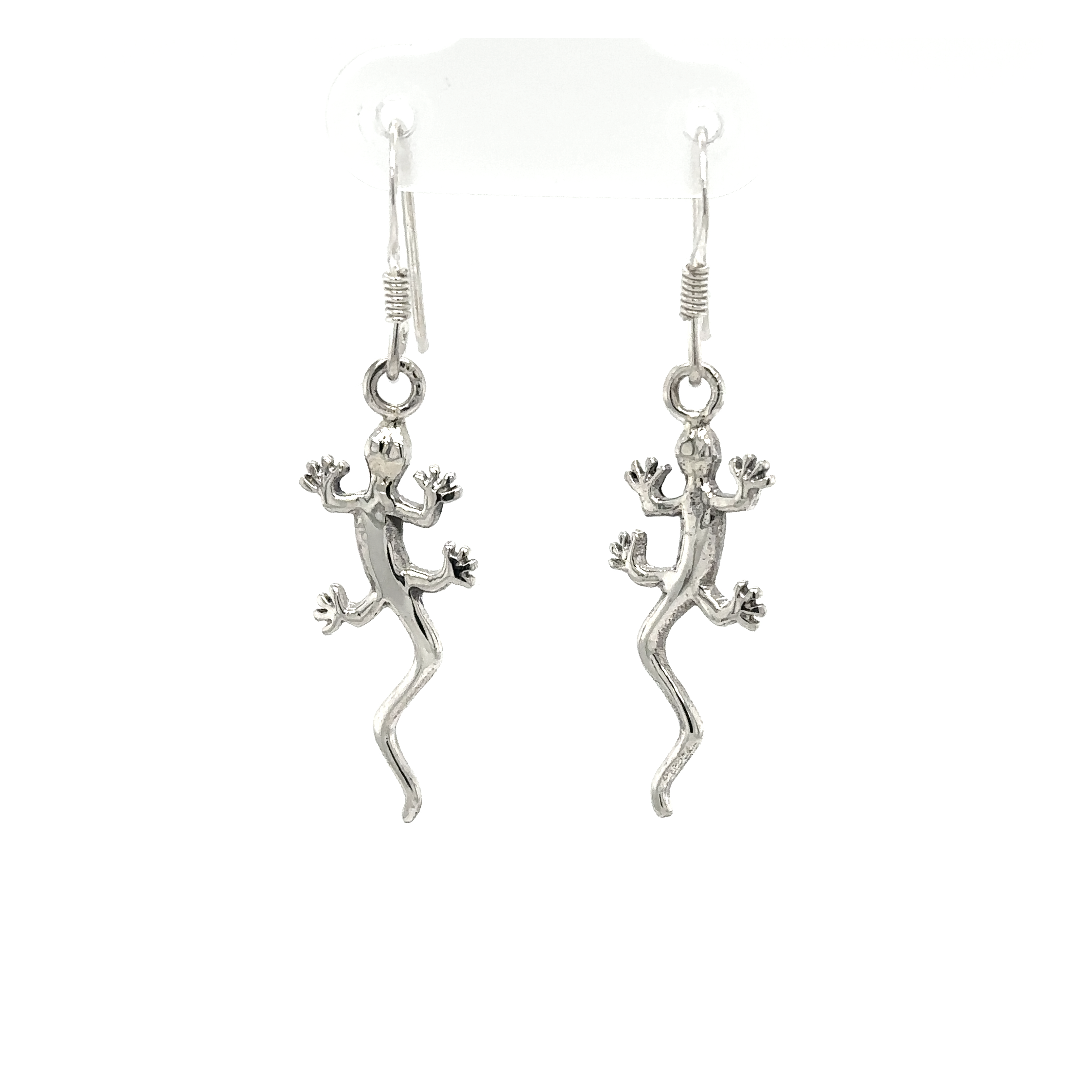 Playful Super Silver Gecko Earrings on a white background.
