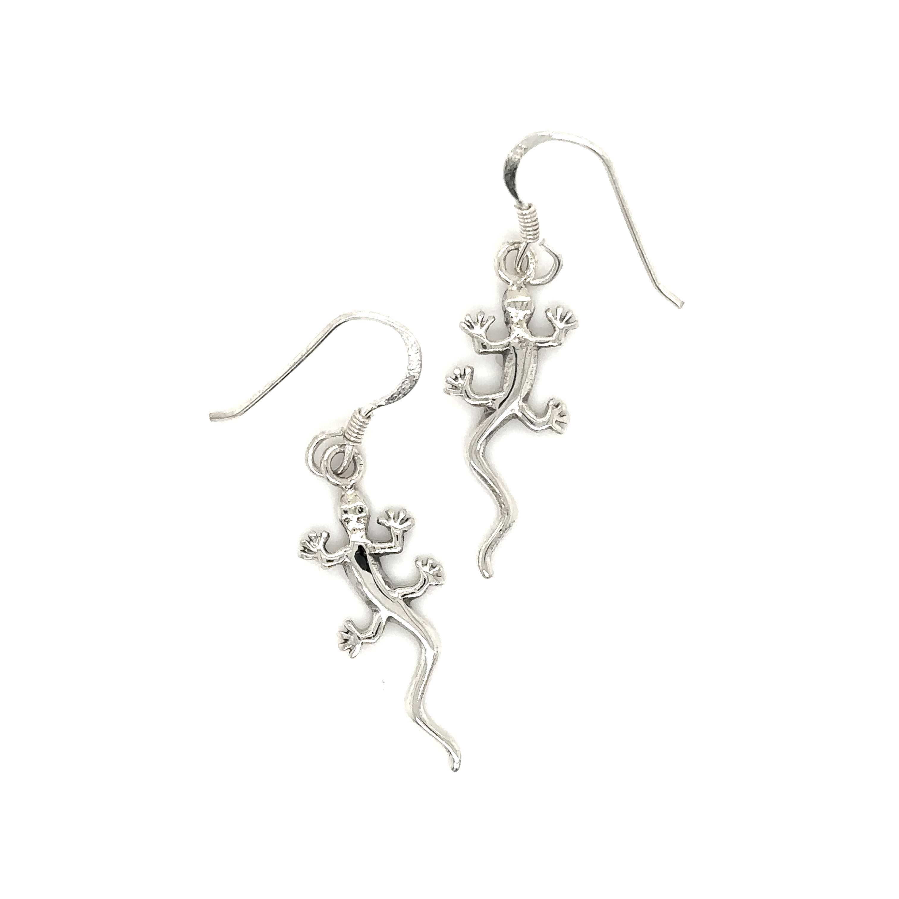 Playful Super Silver Gecko Earrings on a white background.