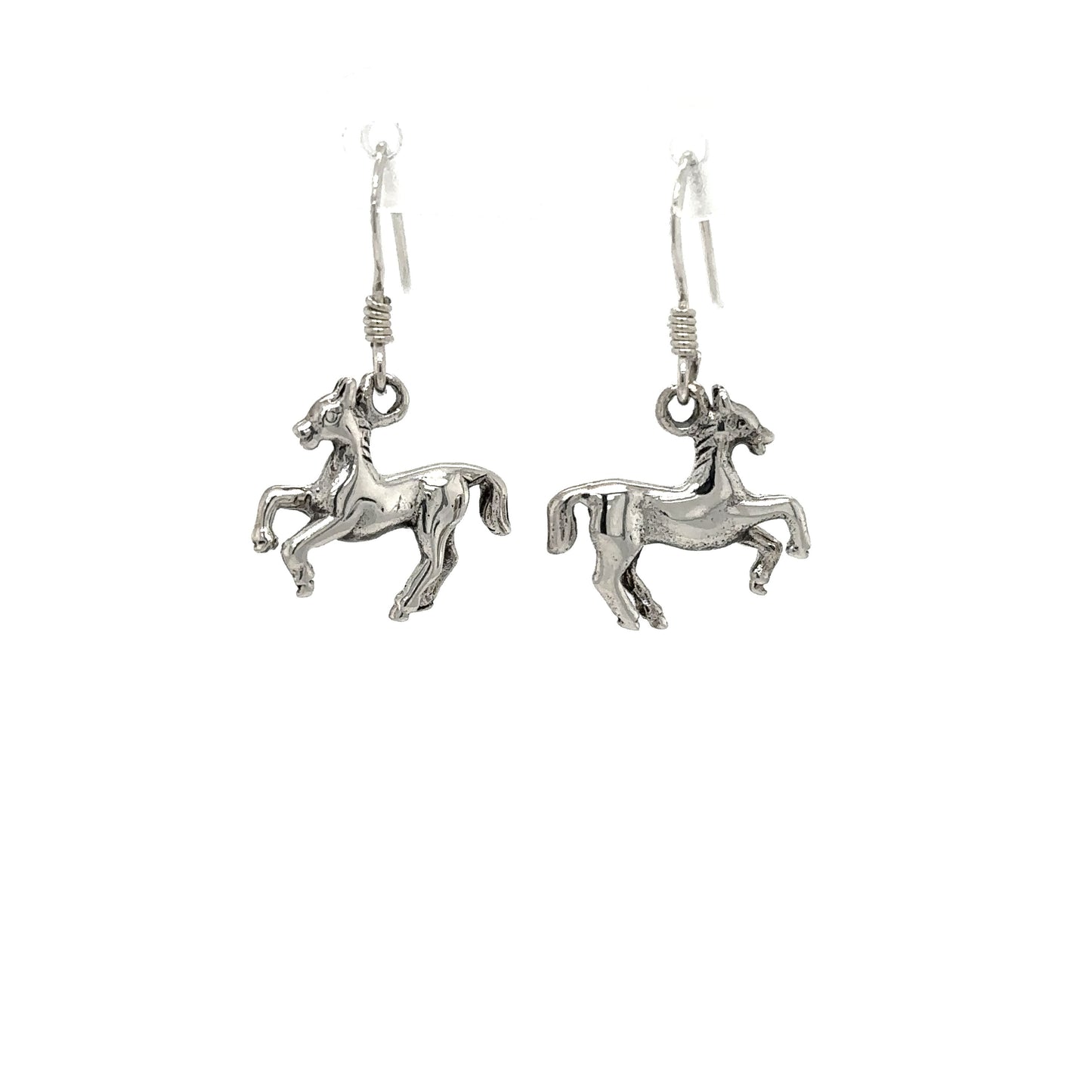 
                  
                    A pair of Super Silver sterling silver horse earrings on a white background.
                  
                
