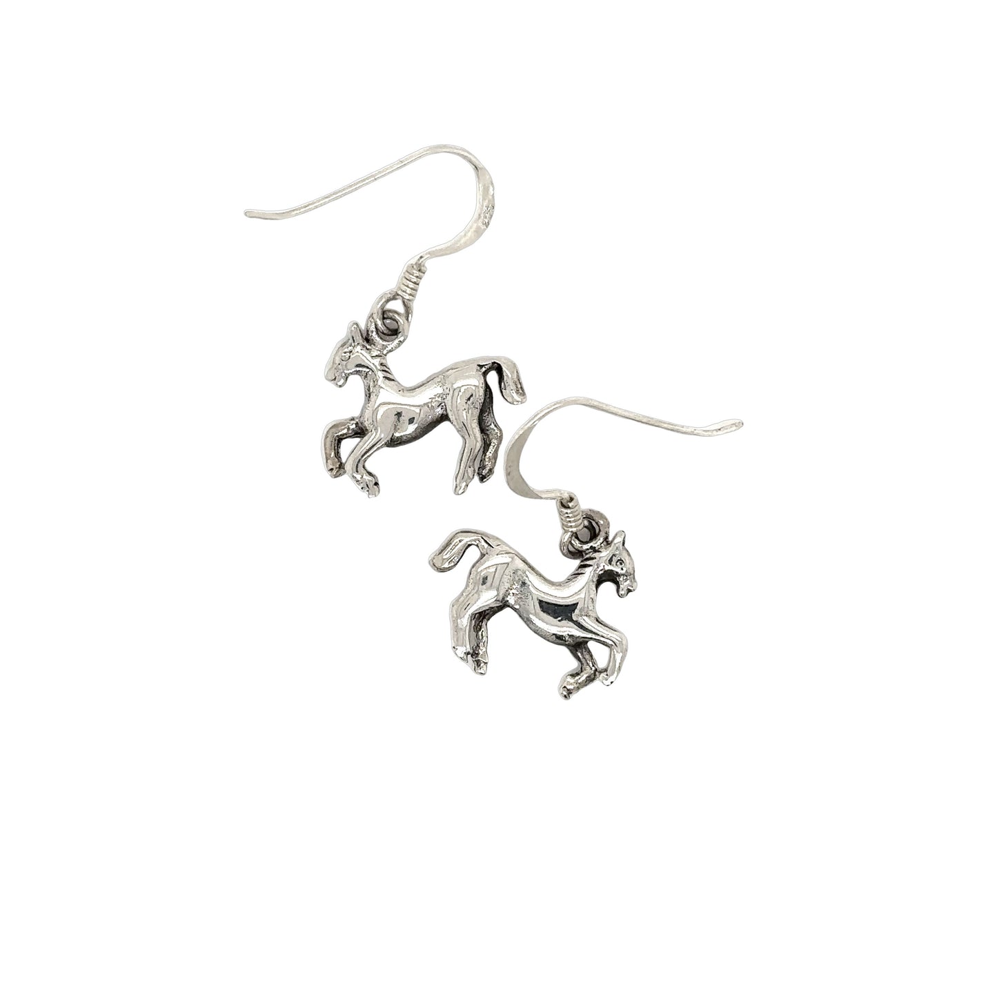 A pair of Super Silver Horse Earrings on a white background, perfect for horse lovers.