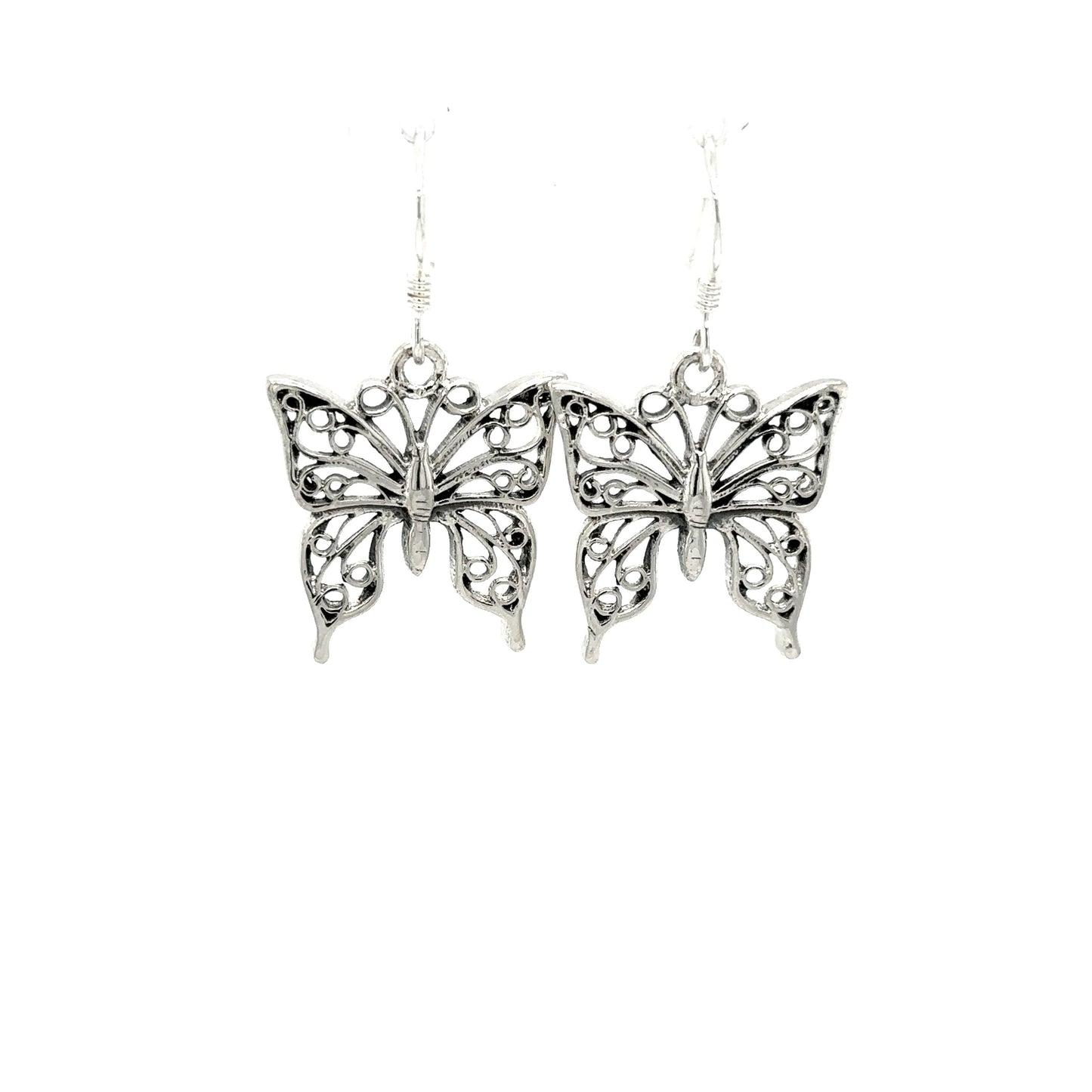 
                  
                    A pair of Super Silver Filigree Butterfly Earrings with filigree wings against a white background.
                  
                
